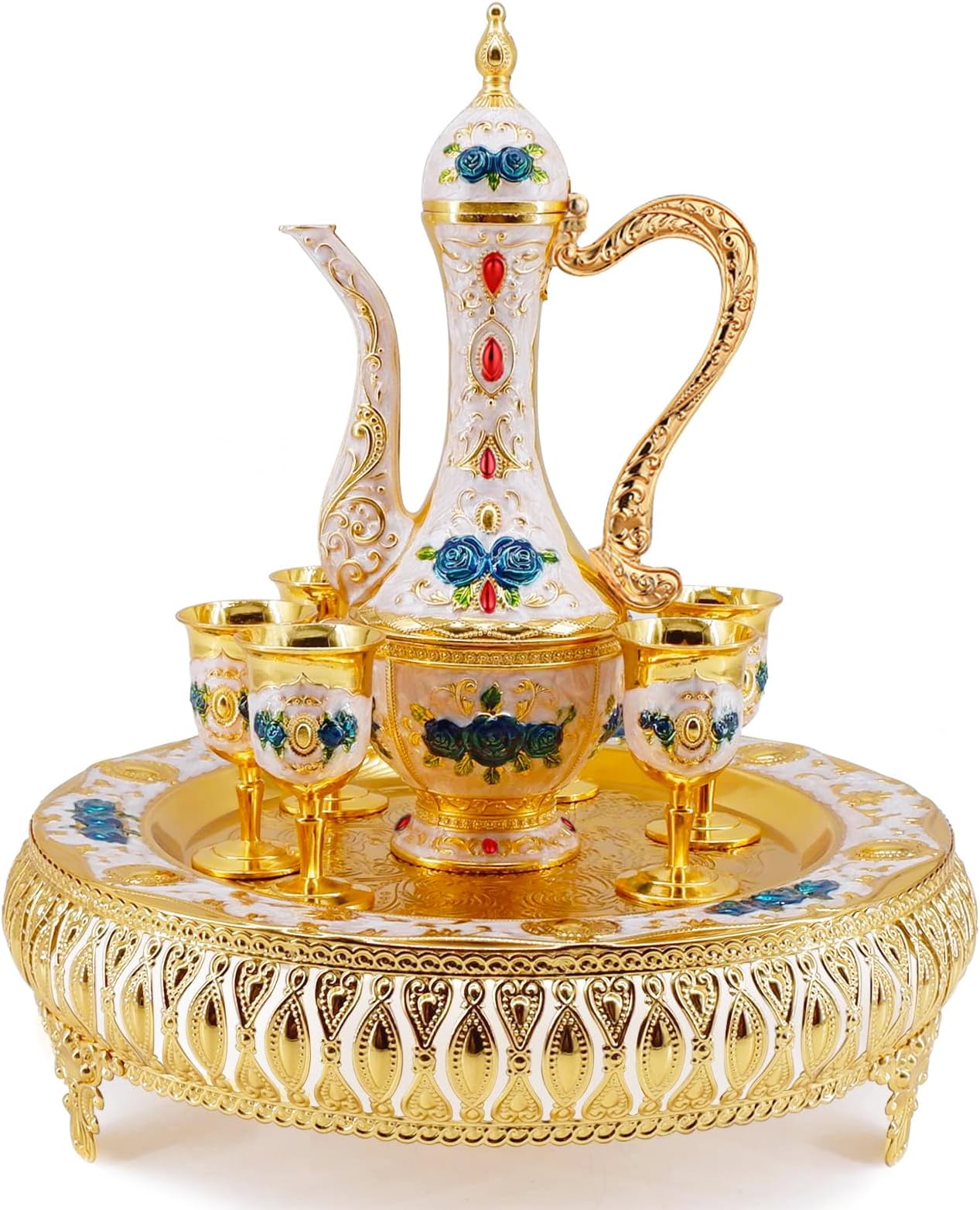 Turkish Coffee Cup and Tea Pot Set Including Teapot,Tea Tray,6 Metal Cups,Tea Service Set for Tea Table Decor,Hip Flask (Blue Flower)