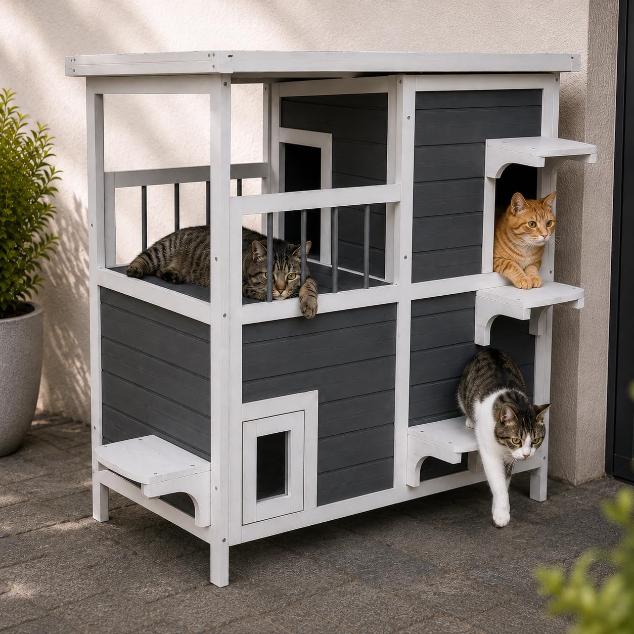 Katzenhaus 2 Etagen, Holz, grau-weiß, 87x45x90,5 cm