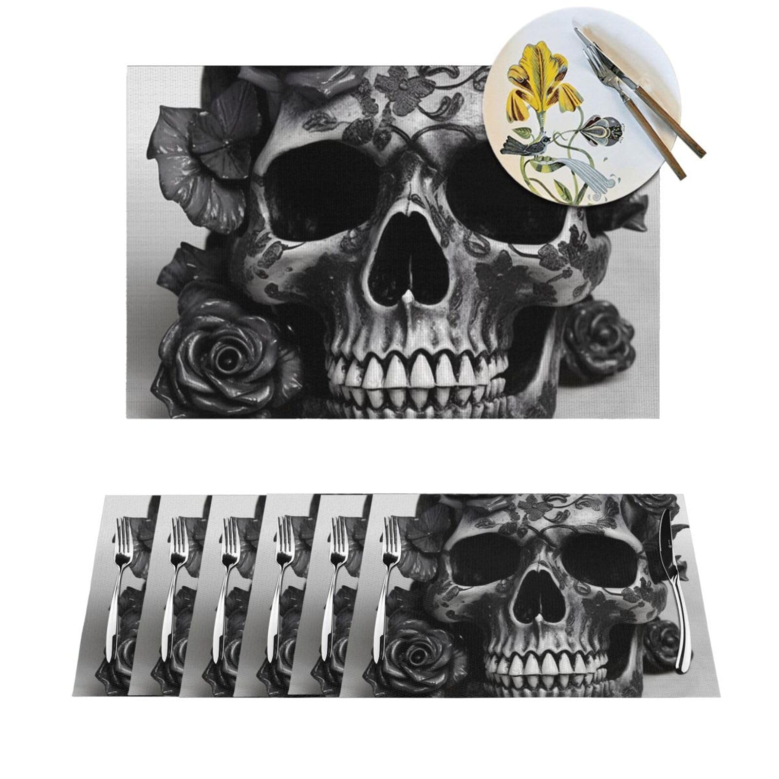 Set de table noir tête de mort en PVC tissé résistant à la chaleur pour salle à manger x6