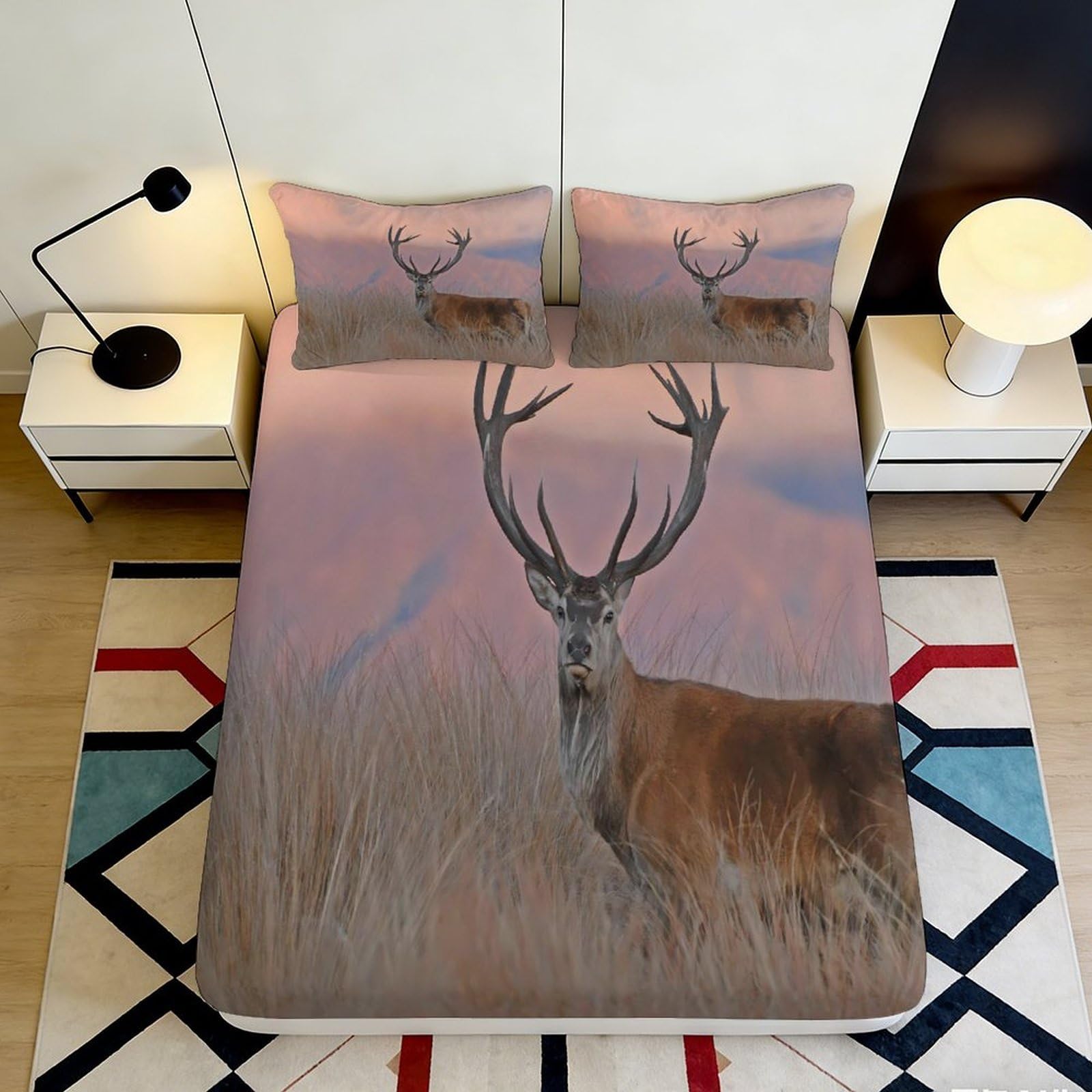3D Printed Deer Pattern Fitted Sheet Microfiber Soft Durable Stag Design Mattress Cover for Bedroom Dormitory Guest Room Protection and Decoration 140x200x25cm