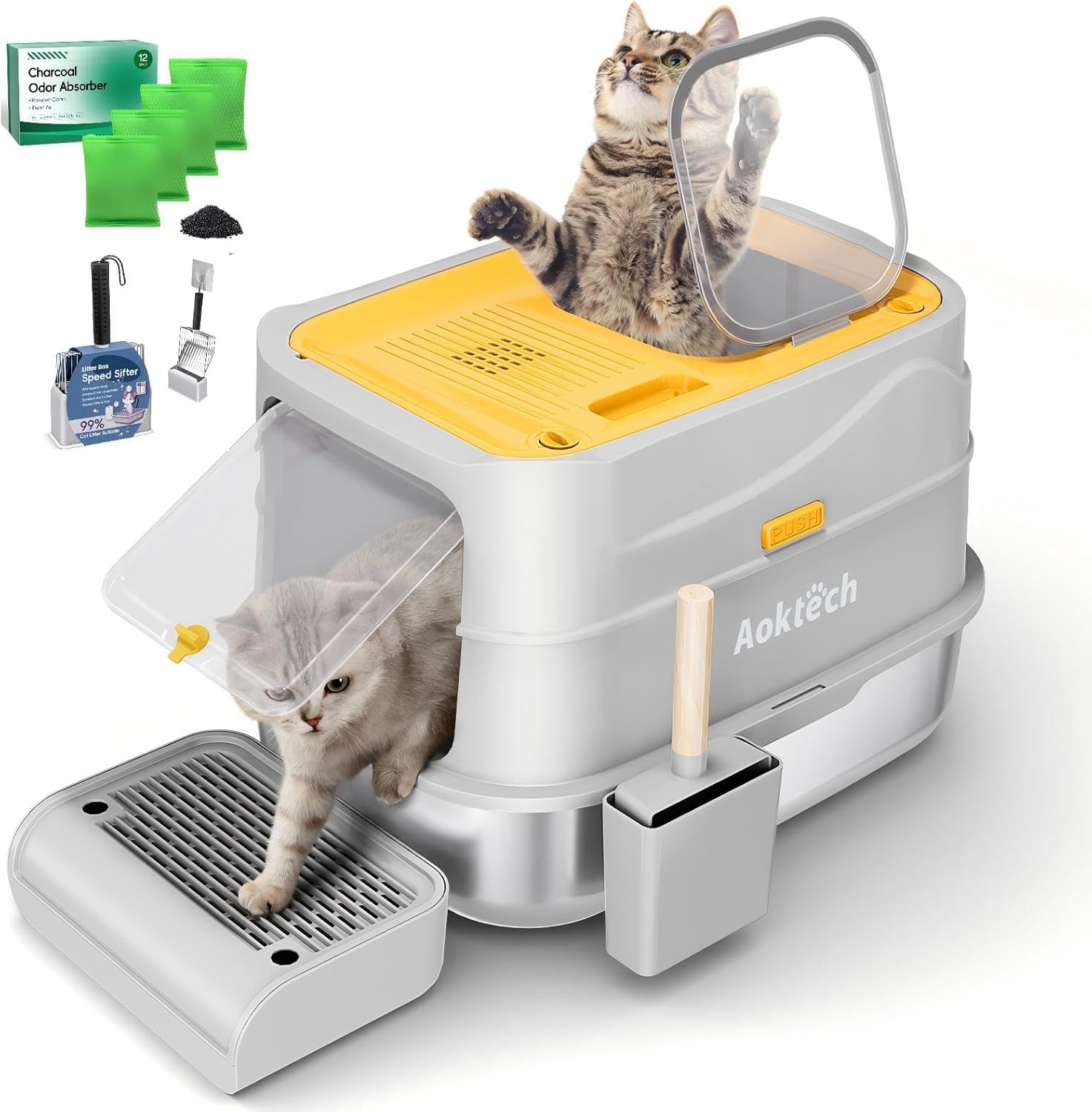 Extra Large Stainless Steel Litter Box with Lid & Scoop. Stainless Steel Cat Litter Scoop with Holder Metal Scooper. Activated Charcoal Bags Odor Absorber for Shoes car Refrigerator 12 Packs