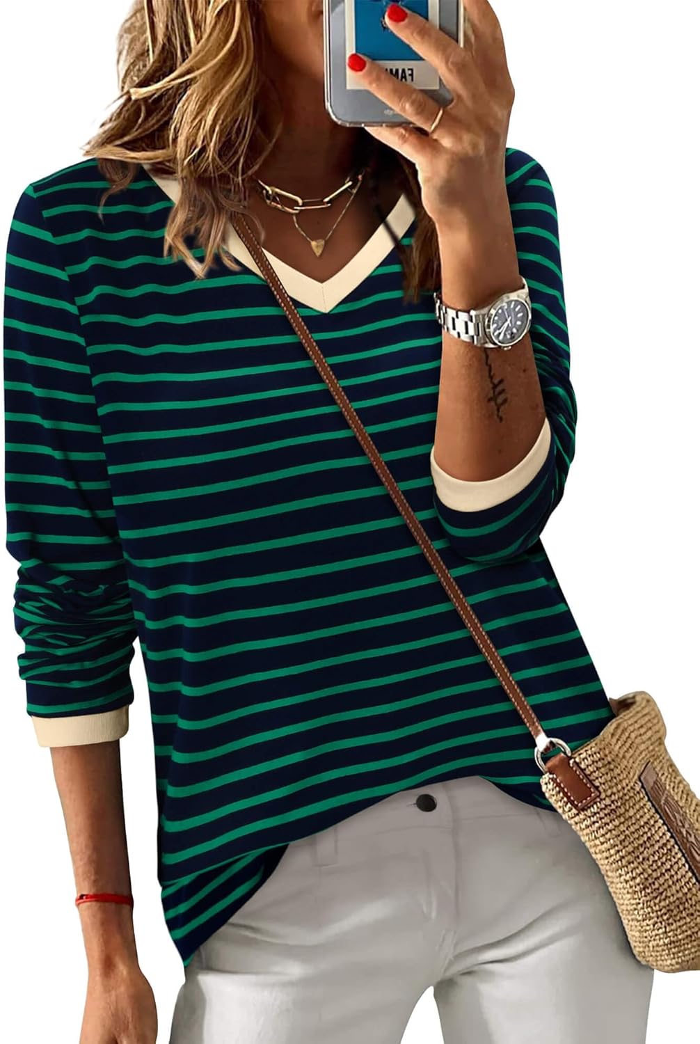 ONLYSHE Long Sleeve Shirts for Women Crewneck Basic Loose Tunic Tops Color Block T-Shirt T Shirts Fall Fashion Outfits - Image 2