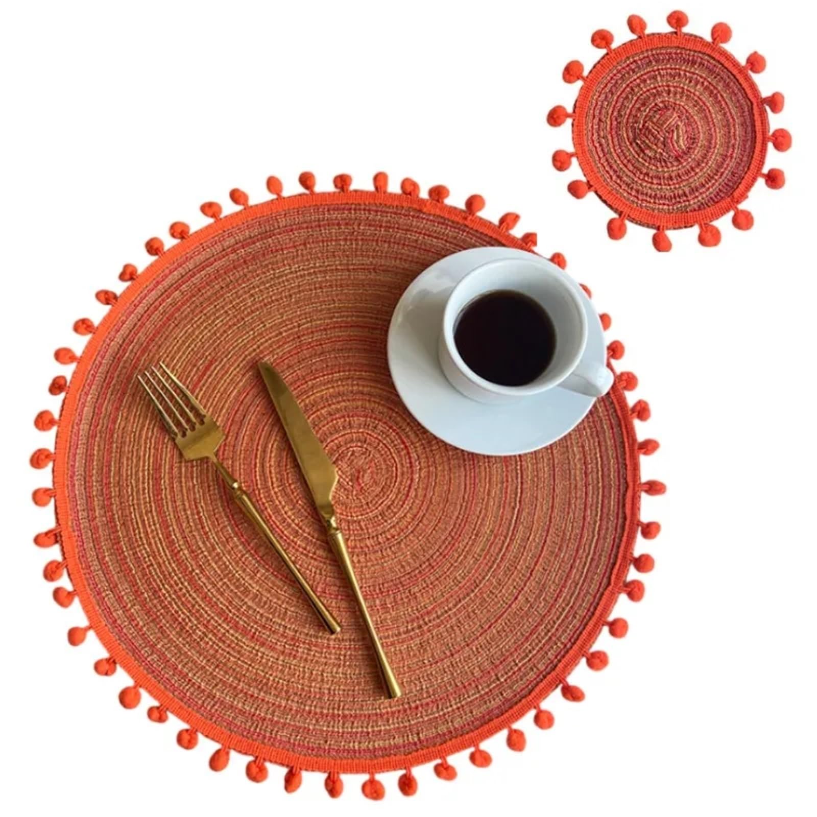 Placemats And Coaster Sets Pompom Placemats and Coaster Set Round Trivet for Hot Dish Vintage Placemat Jute Table Mats(Pom orange)