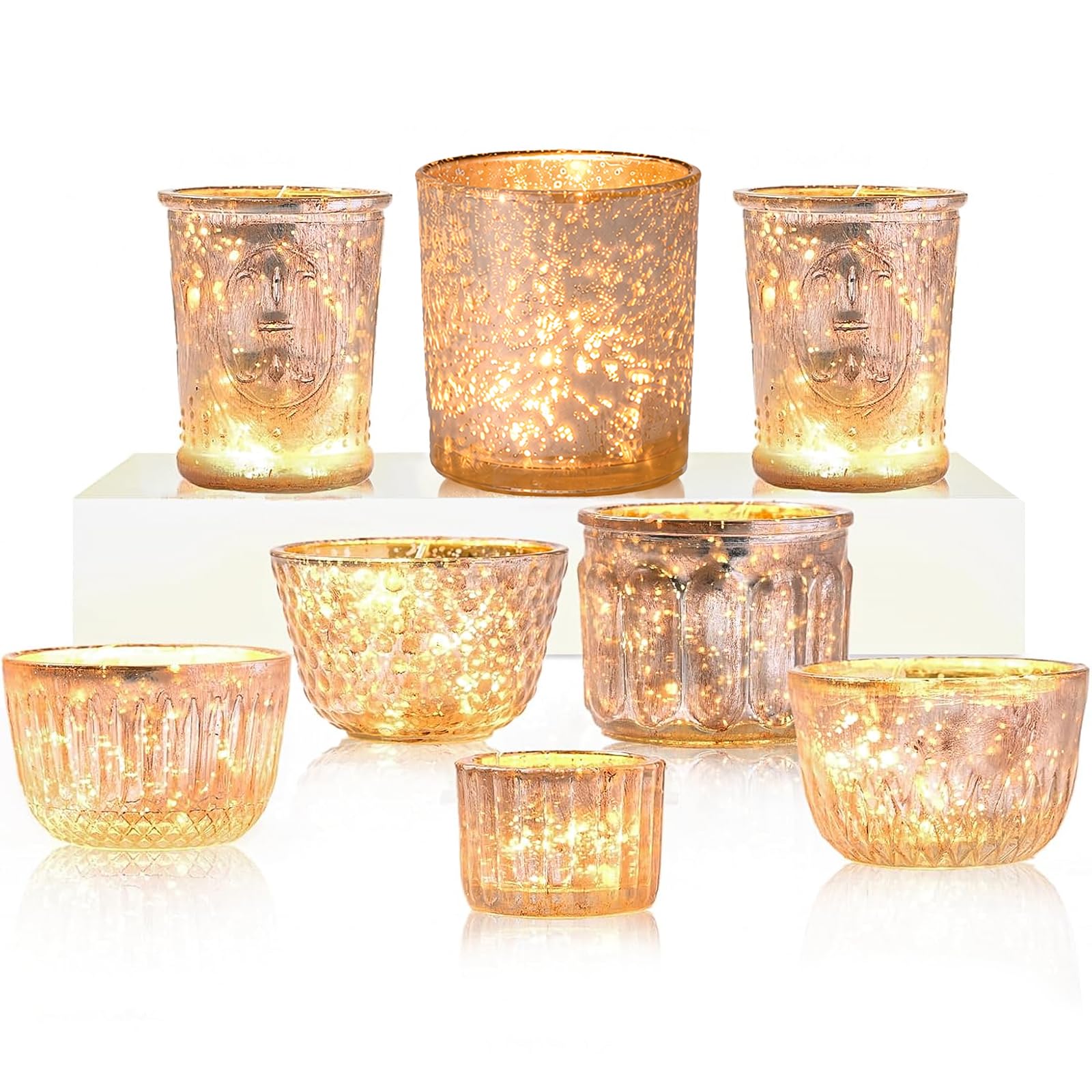 DN DECONATION Teelichthalter Gold, 8er-Set Kerzenhalter Glas, Votivkerzenhalter aus Quecksilberglas für den Tischaufsatz bei Hochzeiten, Partys, Herbst | Votivkerzenhalter, Vintage-Teelichthalter für Hochzeiten, Partys, Tafelaufsätze, Dekorationen