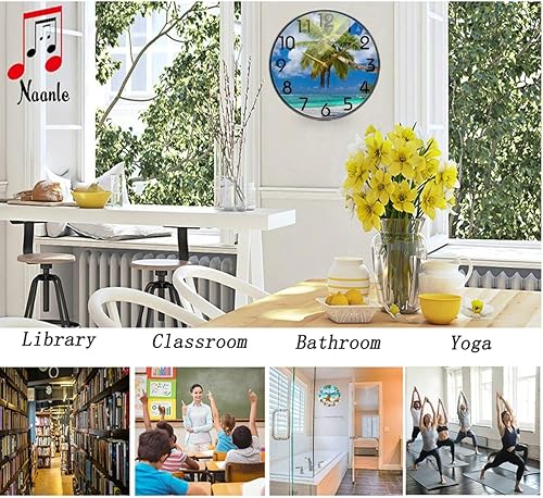 Miniatura 3 de Naanle Reloj de pared redondo con estampado de palmera tropical 3D Seychelles, 12 pulgadas, silencioso, funciona con pilas, de cuarzo, analógico,