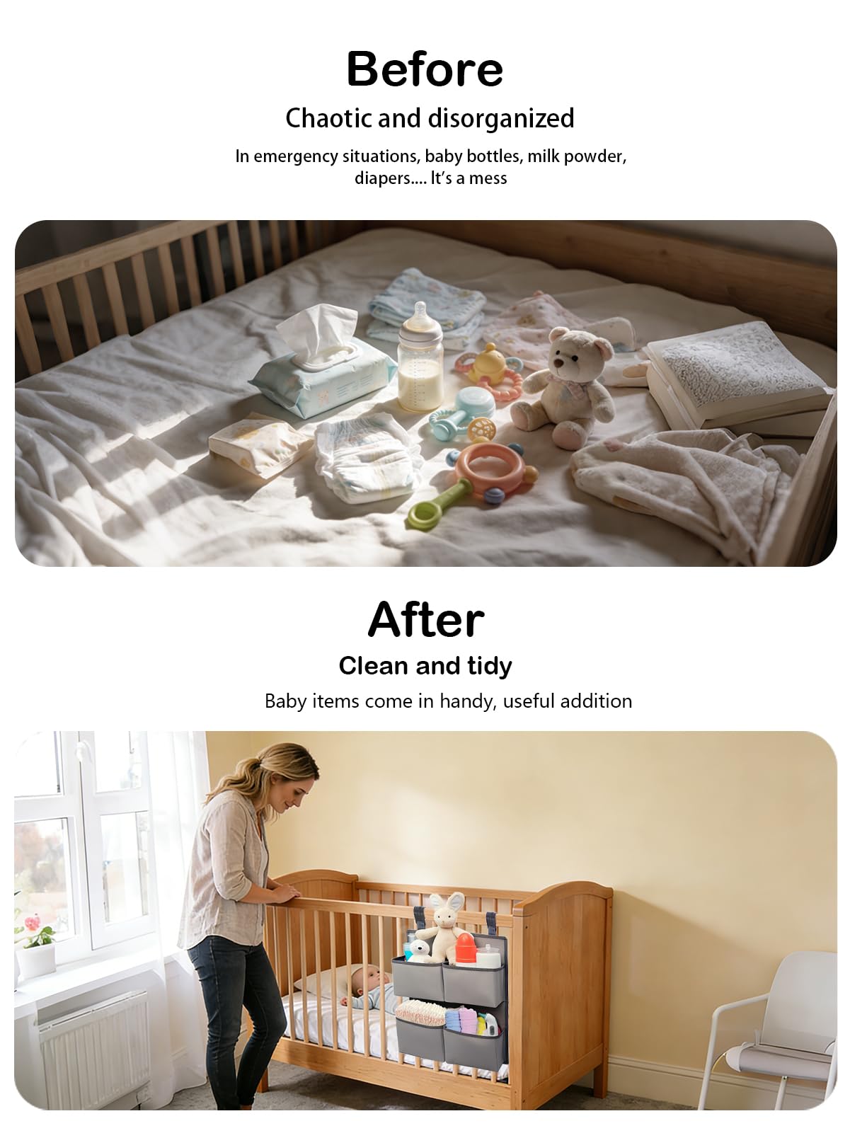 Organizador de pañales colgantes para cuna/playpen/basinet - Hold 80+ Diapers - 4 bolsillos profundos - H19 pulgadas x L15 in cambiante soporte para diapasón de mesa - Colgador de pañales