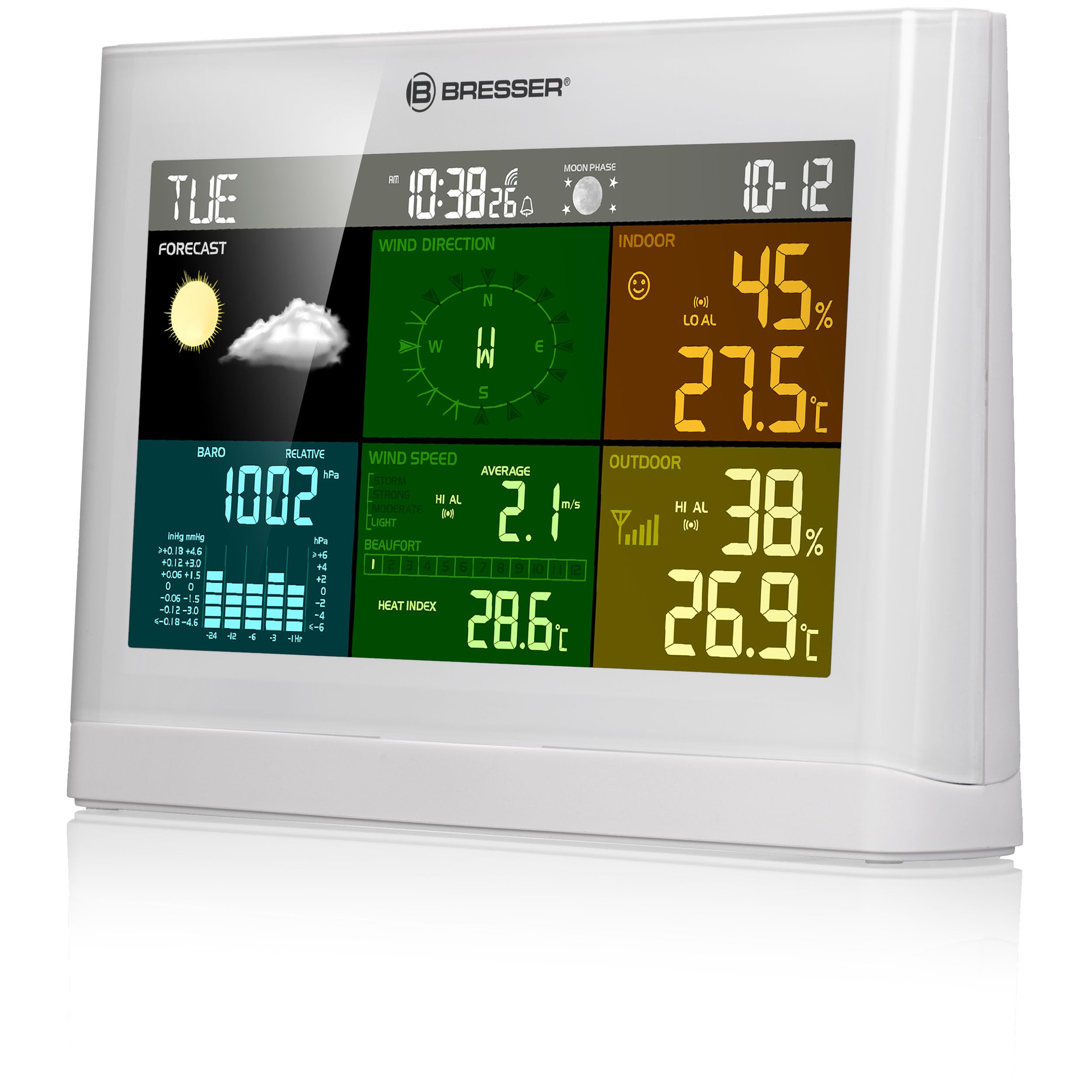 Bresser Wetterstation Funk mit Außensensor Wetter Center mit 5-in-1 Außensensor (Temperatur, Luftdruck, Luftfeuchtigkeit, Windmesser, Regenmesser), weiß