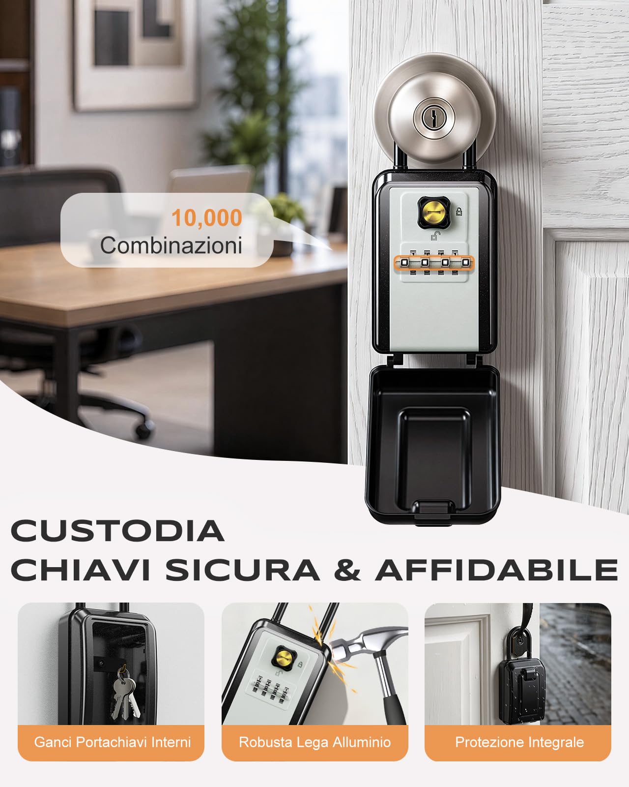 Mohard Key Box con Gancio, 3 Key Ricambio Resettabile Cassetta Chiavi con Codice 4 Cifre, Impermeabili & Grande Capacità Cassaforte Sicurezza Self Check in per Casa, Appartamento, Ufficio, Garage