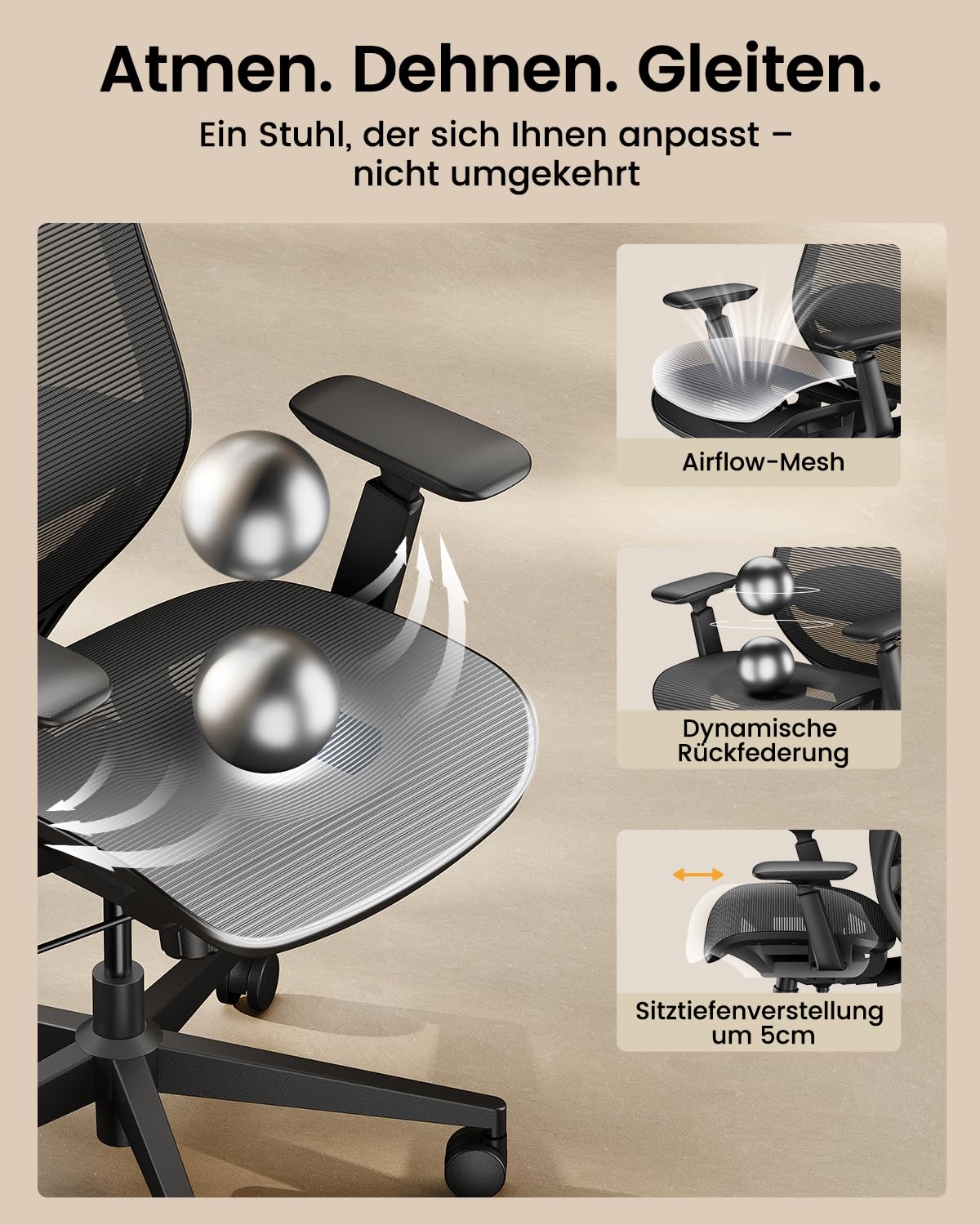 ProtoArc EC200 Pro Ergonomisch Netz-Bürostuhl mit Verstellbarer Sitztiefe | Schreibtischstuhl mit 4D-Armlehnen, Lendenwirbelstütze Höhen- und Tiefenverstellbarer, 3D-Kopfstütze für Homeoffice, Schwarz