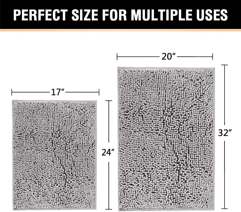 H.VERSAILTEX Luxury Chenille Grey Bathroom Rug Mat 17” x 24” Bundle 2 Pieces Bathroom Rug Mat 32" x 20" & 17" x 24" Grey