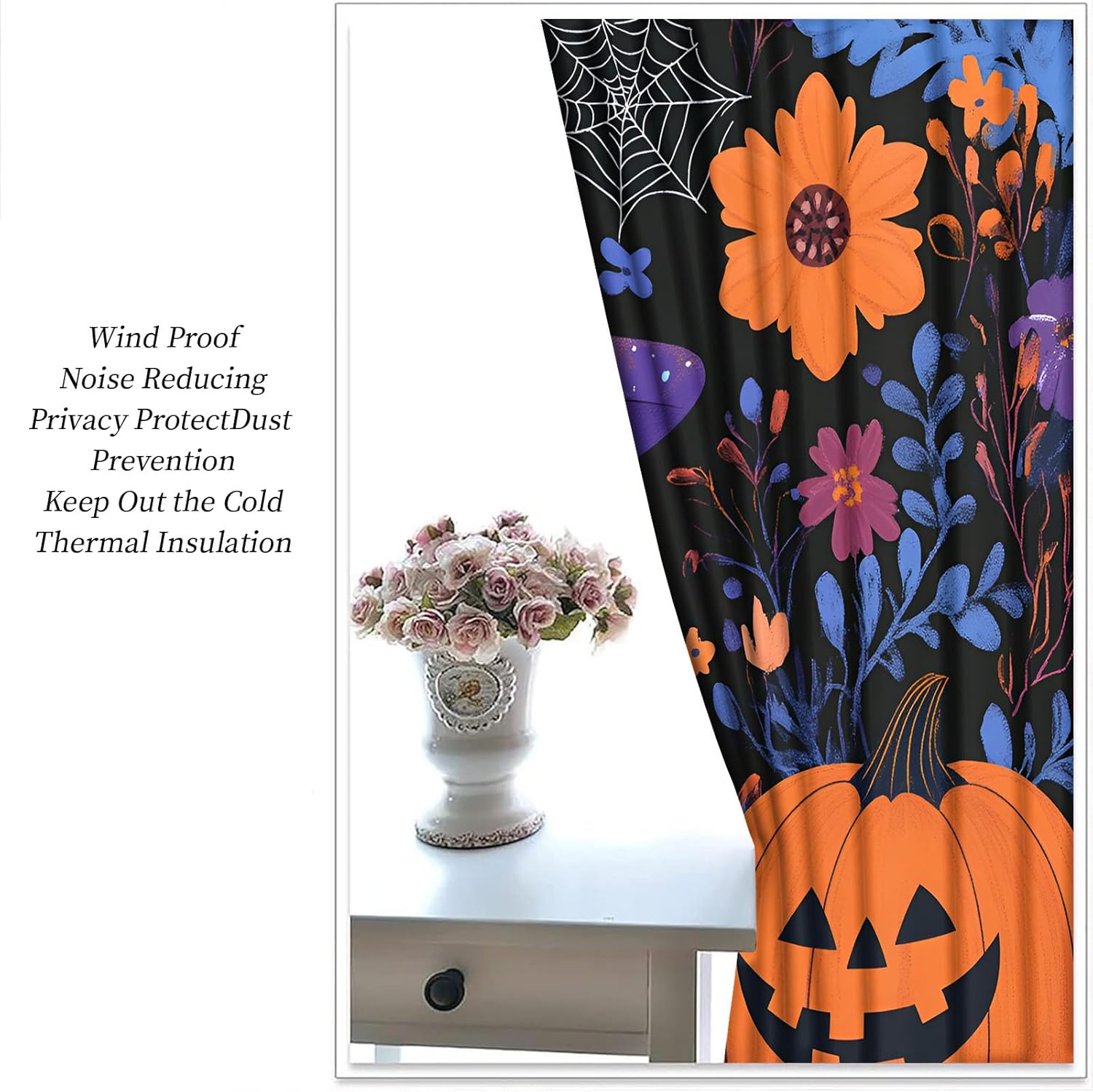 Halloween Blackout Curtains for Girls Boys Home Decor, Ghost Wizard Curtains, Flower Pumpkin Grommet Curtain for Living Room Bedroom - （Piece 21 x 63 Inch）