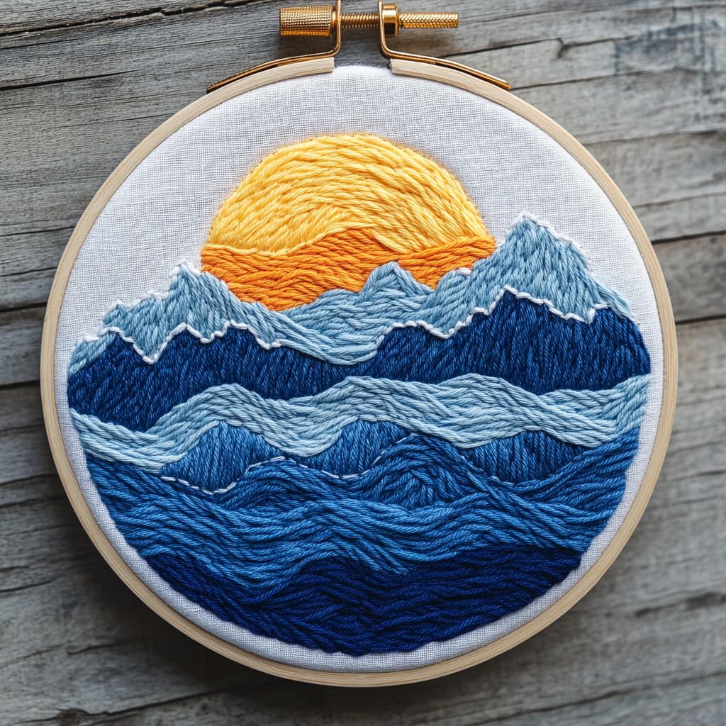 DIY Punch Needle Kits for Beginners Blue Sea Waves and Sunset with Hoop Embroidery Punch Needle Starter Set Easy for Adults and Kids Festival Gift and Decor 20x20cm