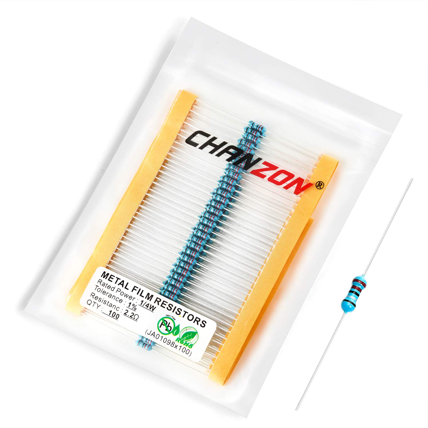 Chanzon 100pcs 1/4W (0.25W) 2.2 Ω ohm 2r2 Metal Film Fixed Resistor 0.01 ±1% Tolerance 2.2R MF Through Hole Resistors Current Limiting Rohs Certificated