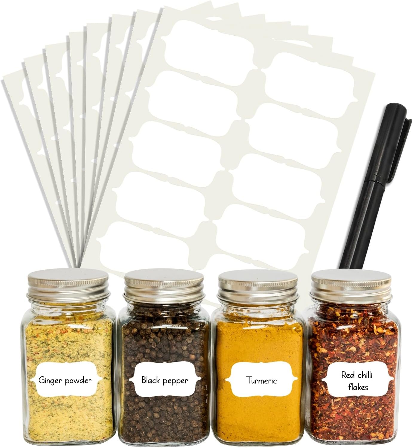 ROUSRIE Pack of 84 Reusable Waterproof White Same Shapes Mason Jars Labels Kitchen Pantry Spice Jars Glass Bottles – Best Stickers & Organizing Label with Black Marker