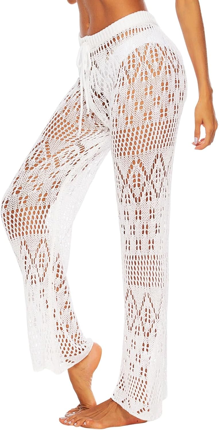 Women's Hollow Out Crochet Beach Pants Drawstring Tie High Waist Knit Swimsuit Cover Up Pants