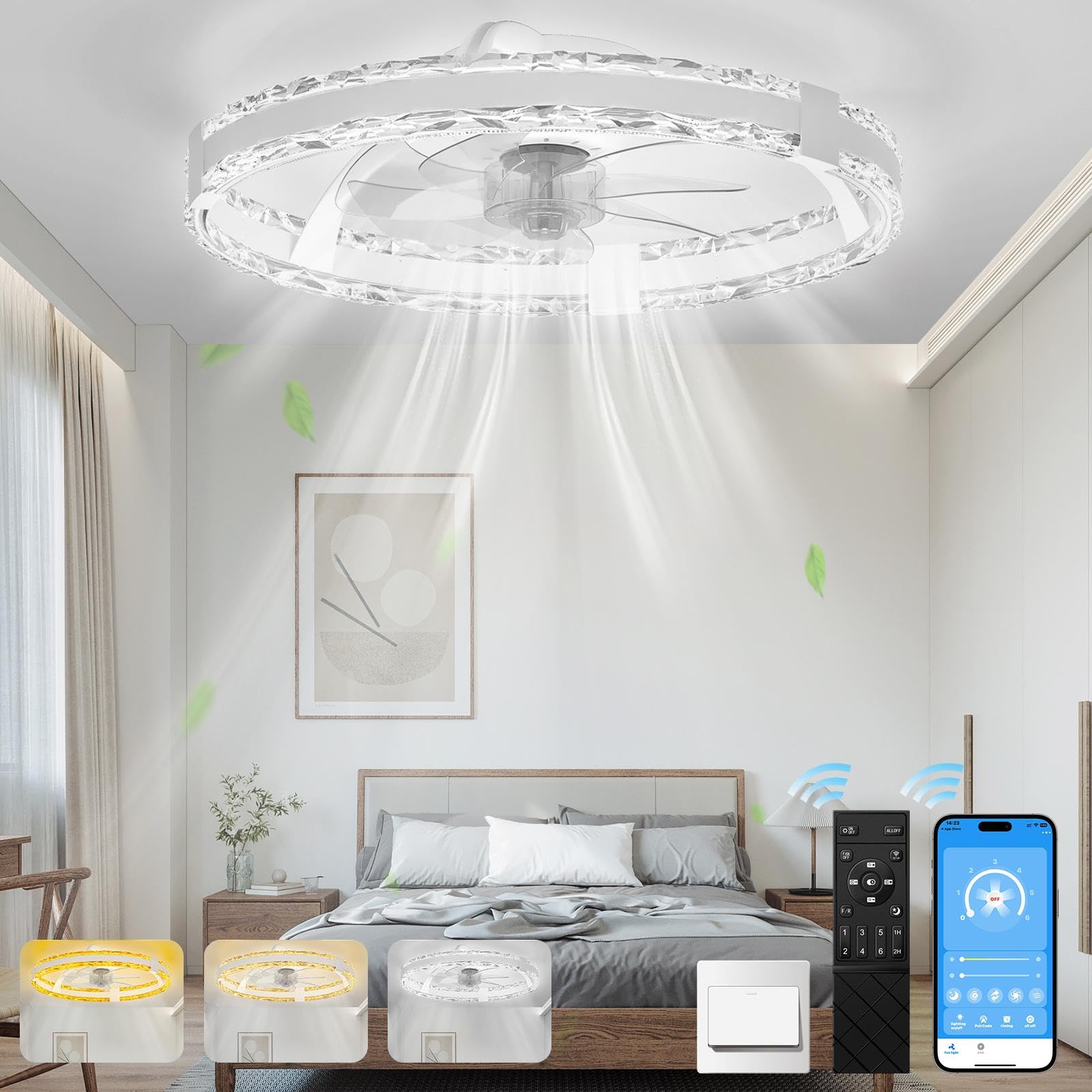 SKRFORM Ceiling Fans with Lights and Remote, 20'' Low Profile Flush Mount Ceiling Fan with 6 Speeds & 3 Color Temperature, 3000-6500K Dimmable Led Fandelier for Bedroom Livingroom, White
