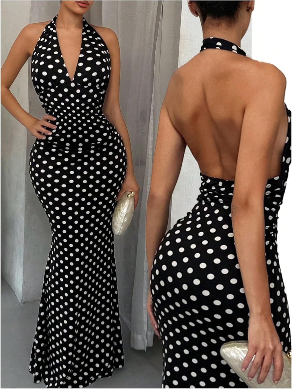 GORGLITTER Women's Polka Dots Halter Dress Deep V Neck Backless Sleeveless Bodycon Maxi Party Wedding Guest Dresses - Image 5