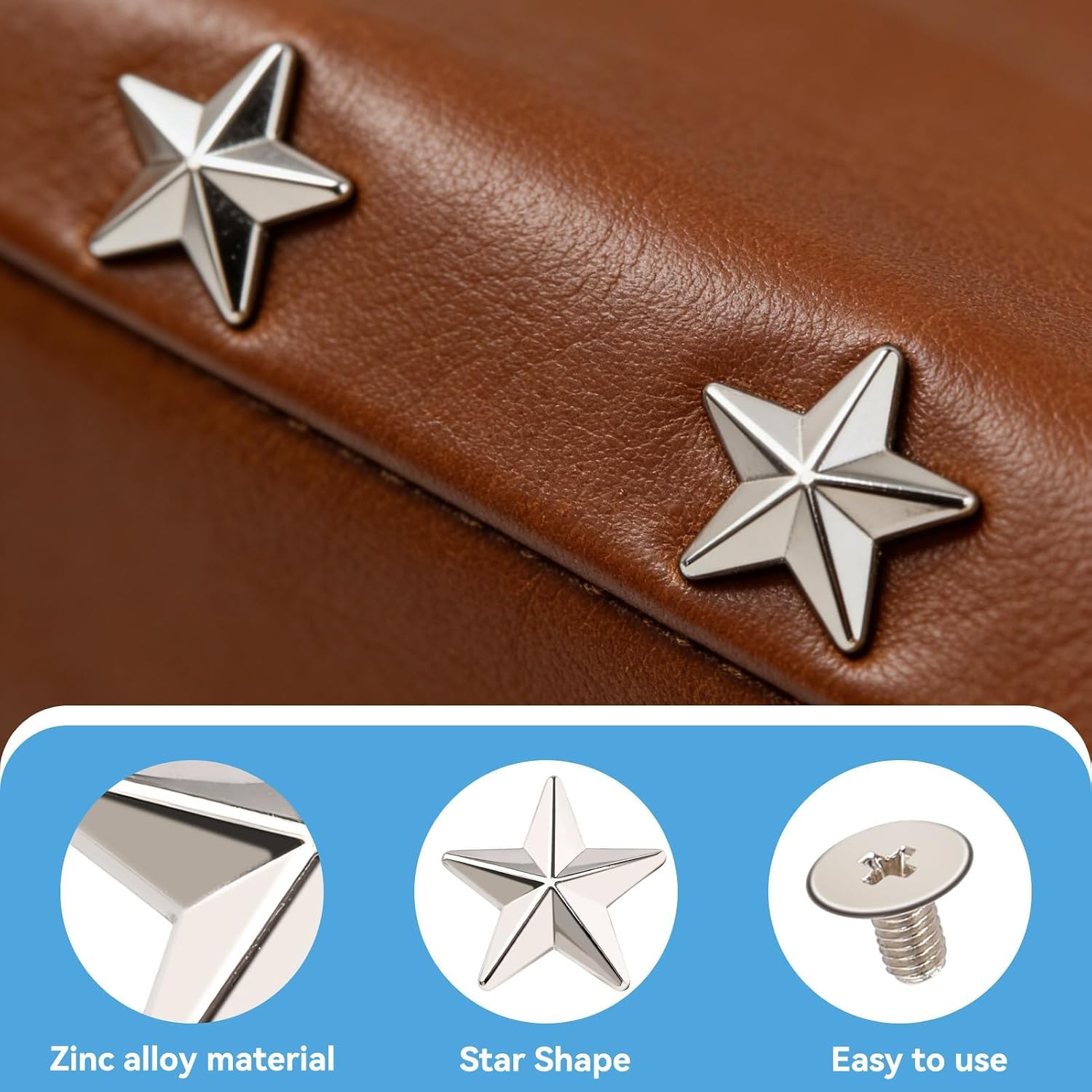 HERCHR 50 Sets 14mm Leather Star Rivets Studs, 0.6 Inch Metal Rivets Silver Star Studs Garment Zinc Alloy Screw Back Studs for Leather Craft, Shoes, Bags, Jackets, Belts Decoration