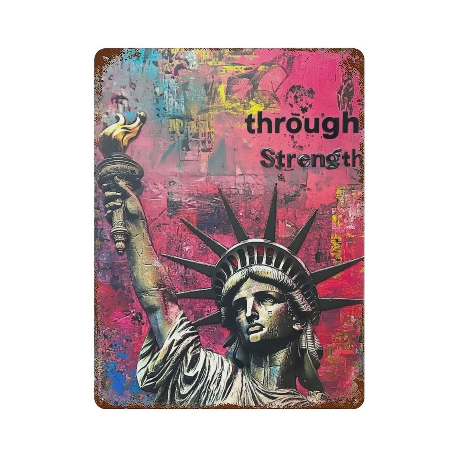 Liberty Statue Strength & Peace 15.7"x11.8" Rustic Tin Plaque, Retro Wall Decor for Garage, Bar And Workshop Decor
