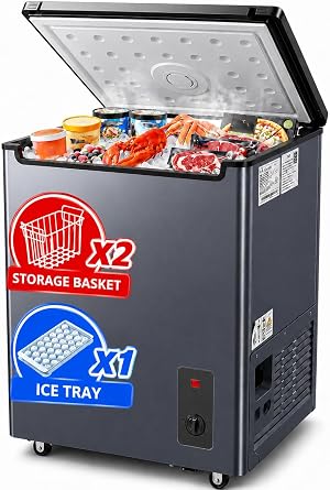 5.2 Cu Ft Chest Freezer Compact Deep Freezer with Basket & Ice Tray | 6 temperature settings under 38 dB operation 2 baskets Drain outletscraper and ice tray Energy Efficient Dorm Apartment Home