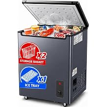 5.0 Cu Ft Chest Freezer, Mini Deep Freezer Home Garage with Baskets | 6 adjustable temperature settings; Compact size, large capacity energy-efficient and quiet operation; equipped with wheels