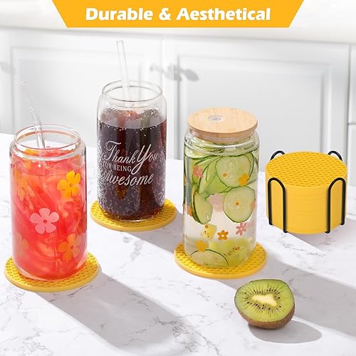 Miniatura 8 de Juego de 12 posavasos de silicona con soporte, posavasos para bebidas, cerveza, café, adecuados para tipos de tazas, calientes o fríos,