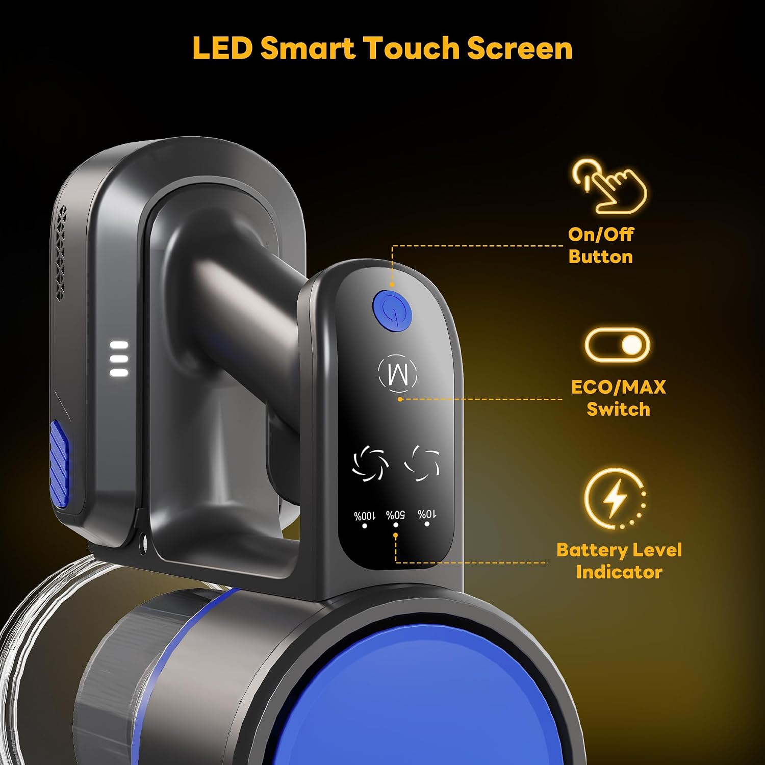 LED Smart Touch Screen with On/Off button, ECO/MAX switch, and battery level indicator