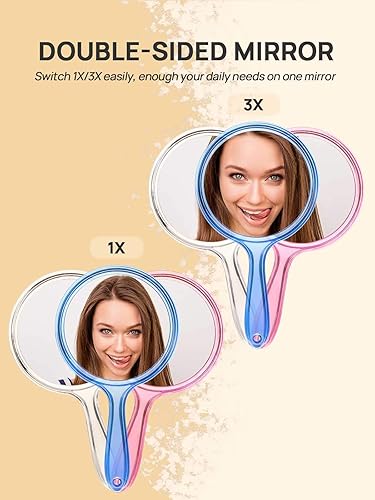 Miniatura 10 de OMIRO Espejo de mano, espejo de mano de doble cara, espejo de aumento 1X3X con asa, juego de 3 (mezcla de colores)