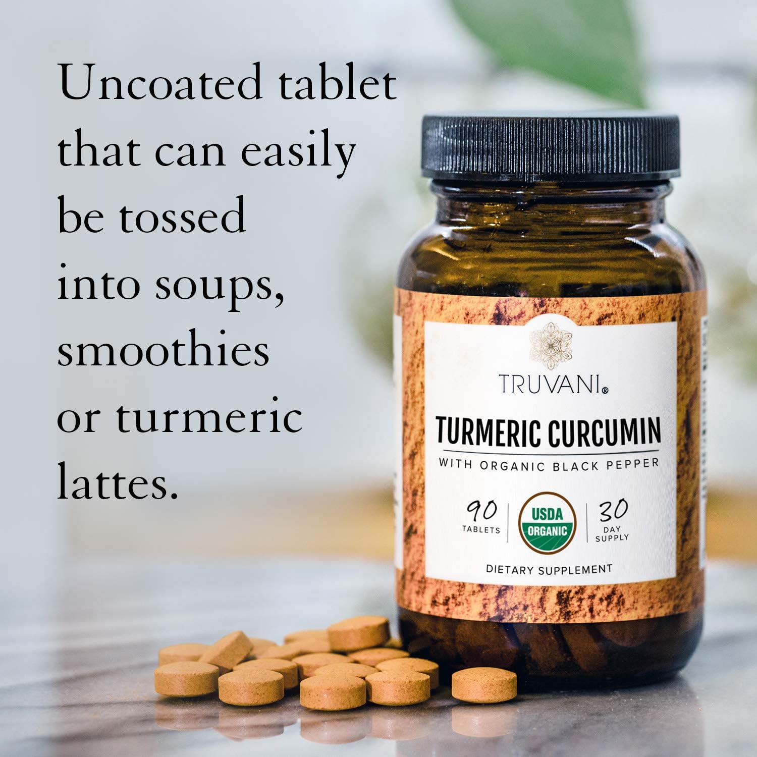 Truvani Organic Turmeric Curcumin Tablets - Enhanced with Black Pepper - (30 Servings, 1,350 mg Each)