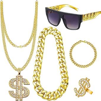 CLIUNT Hip Hop Kostüm Set, 5 Stück Hip Hop Kostüm Kit, mit Dollar Kette