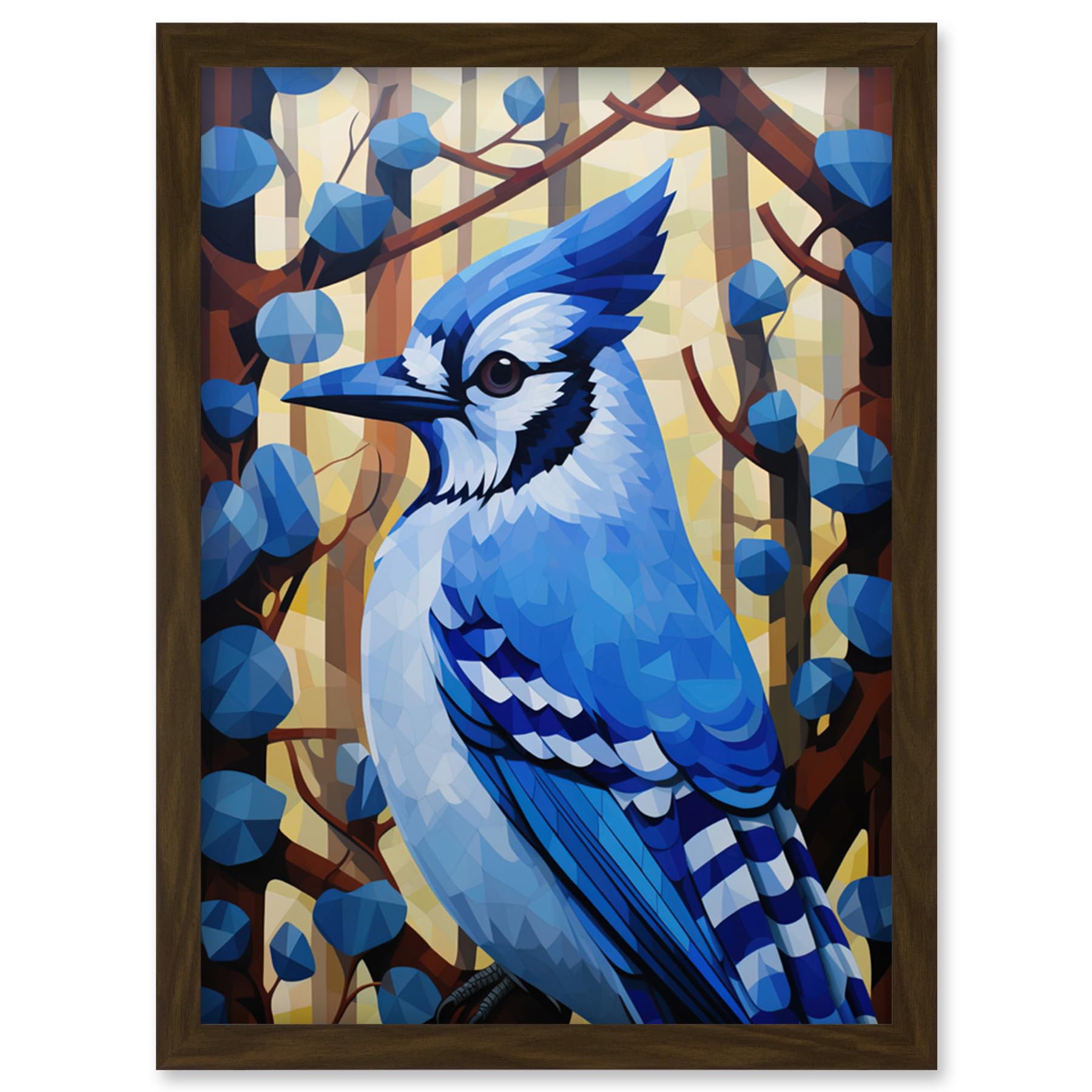 Artery8 Blue Jay Geometric Artwork Wild Bird Perched on Tree Polygonal Forest Landscape Artwork Framed Wall Art Print A4