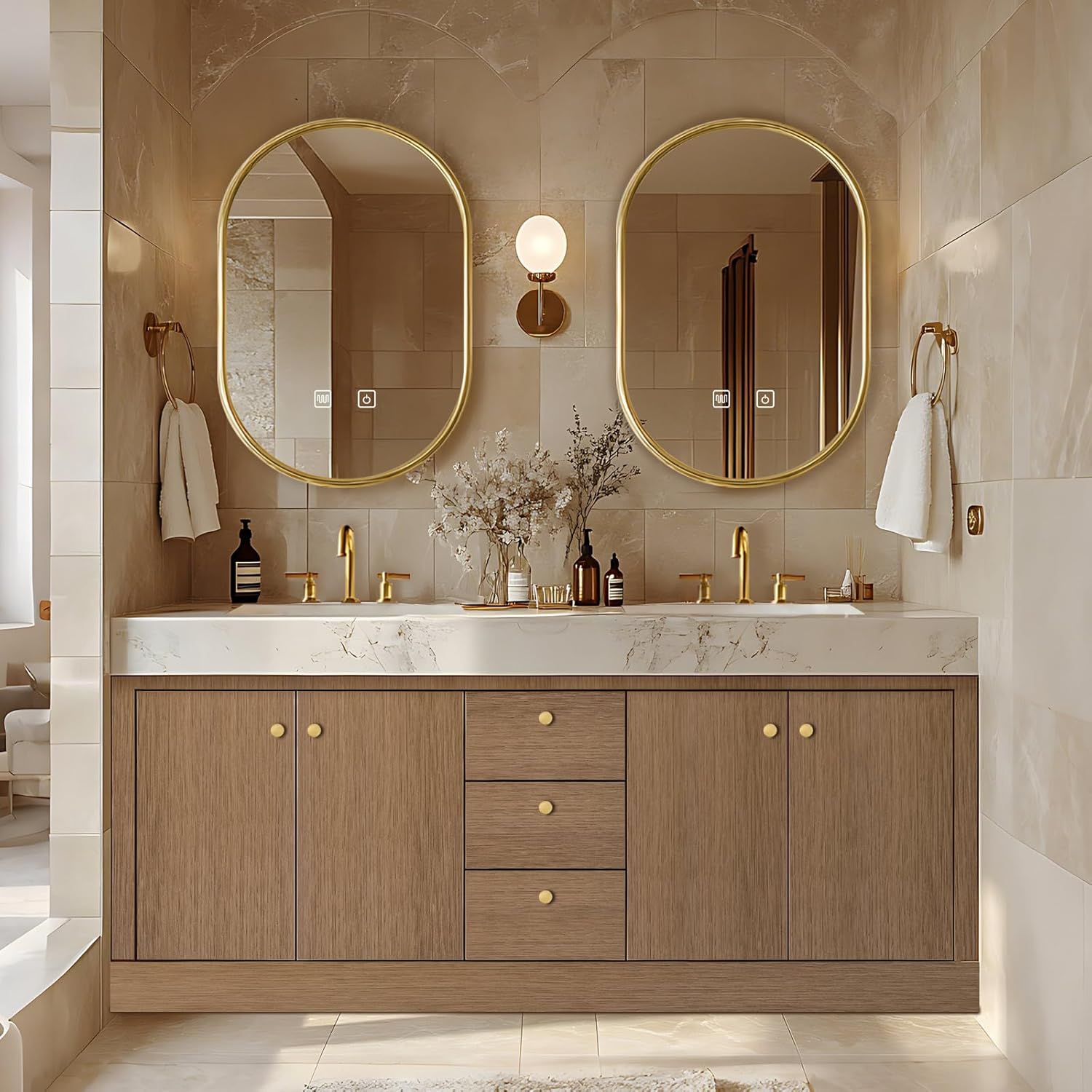92IN Bathroom Vanity - Modern Bathroom Vanity with Double Sinks Includes Solid Wood Storage Cabinet, Three Drawers, LED Smart Defog Mirror, Exquisite Faucets