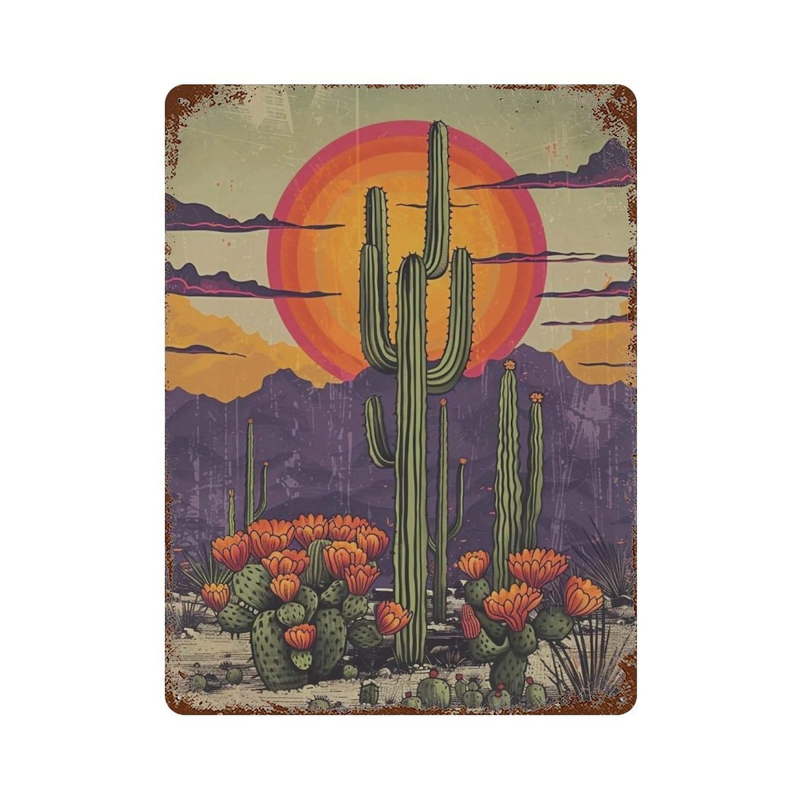 Wujhgrsg Style Retro Flat Sunset Saguaro Desert Floral Vista 02 Wall Art Retro Iron Vintage Metal Tin Sign Poster Modern Decor For Home Cofffee Club Bar Shop 40X30cm