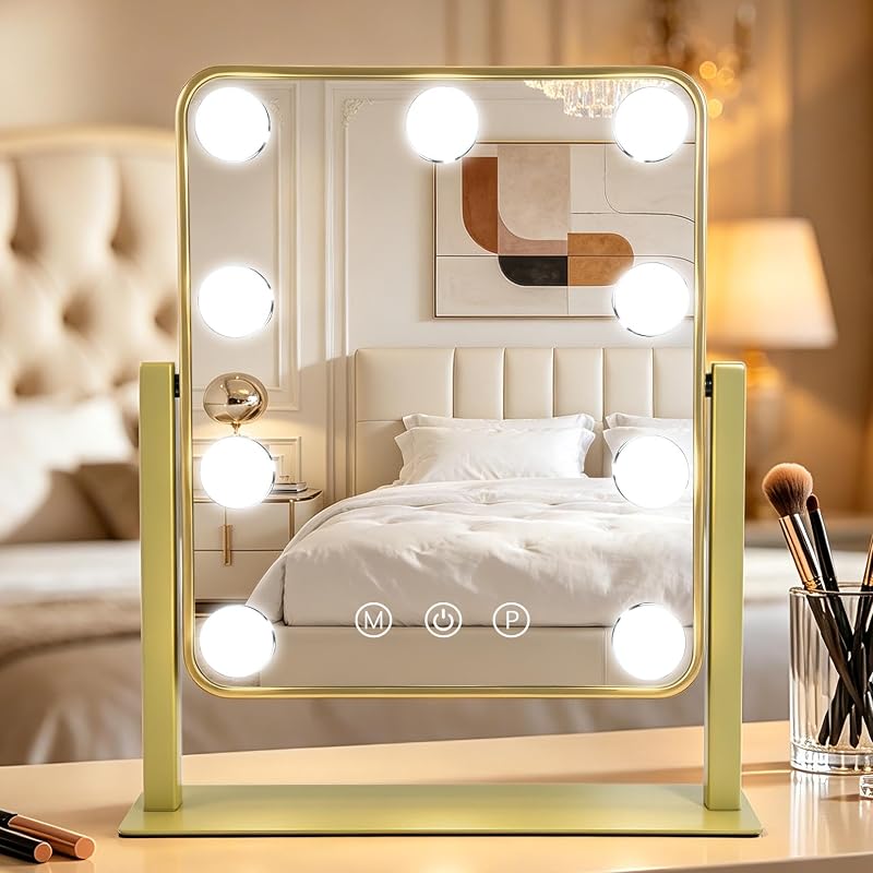 Espelho de maquiagem YEKKOPT dourado com luzes LED, controle por toque e 3 modos de iluminação, 36,07 cm x 30,48 cm