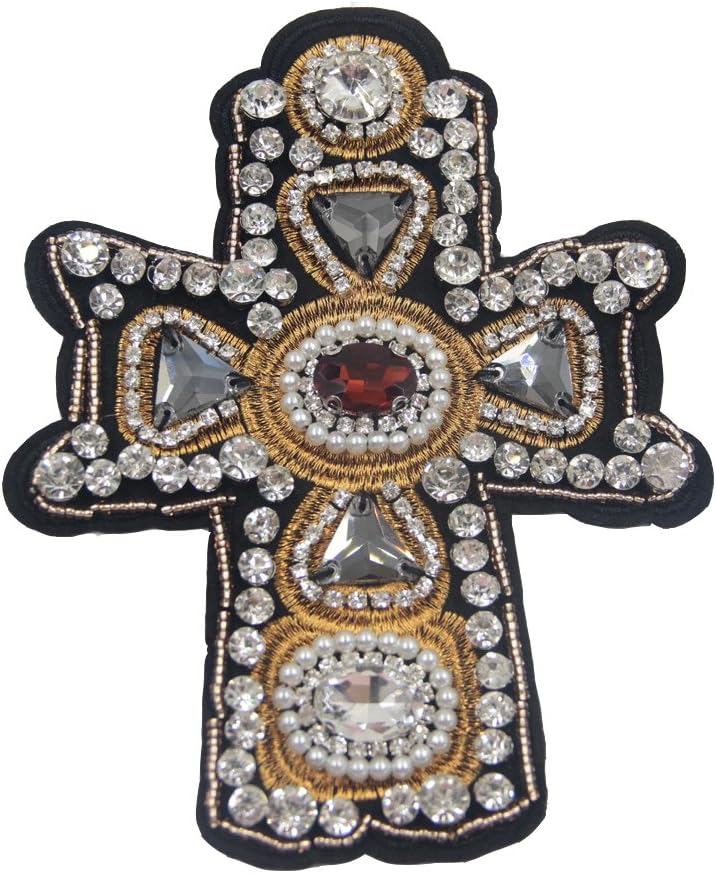 Nail Bead Sequins Rhinestones Cross Patch 1PC Stick Applique Patch Embroidery Clothing Decoration Patches 4.7'' X 6.3'' (Ruby)
