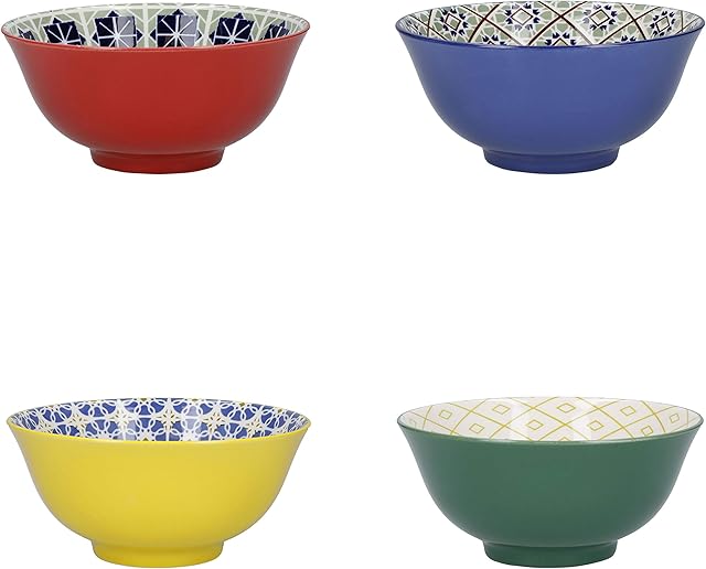 KitchenCraft Patterned Cereal Bowl Set in Gift Box, 4 Ceramic Bowls Ideal for Ice Cream, Soup and More, 'World of Flavours' Designs, 15cm