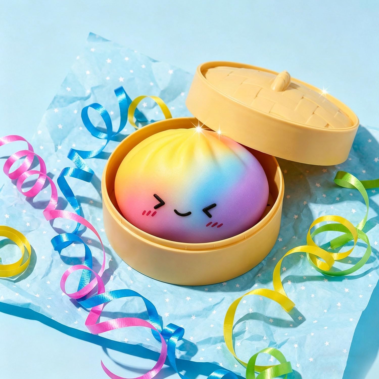 2 Pack Rainbow Dumpling Toy with Steamer Box Surprise Squeeze Dough Stress Ball Realistic Steamed Bun Fidget Sensory Toy for Desk Anxiety Relief Calming Travel Accessory Gift