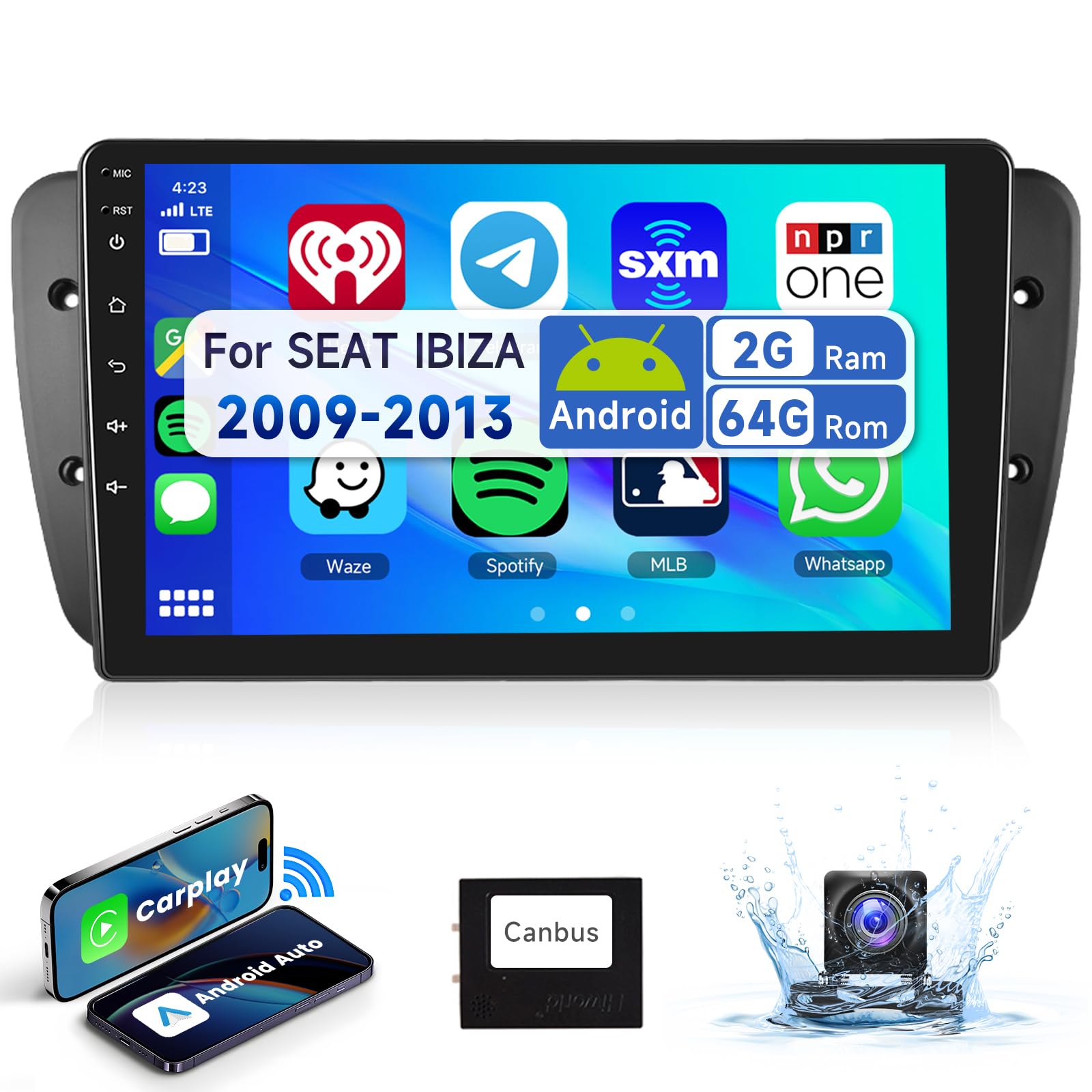 Podofo Radio samochodowe 2G i 64G 9" do Seat Ibiza 6J 2009 2010 2011 2012 2013 z bezprzewodowym systemem Android Auto, ekran dotykowy Bluetooth HiFi/RDS/radio FM + WiFi Navi/kamera cofania AHD/CANBUS