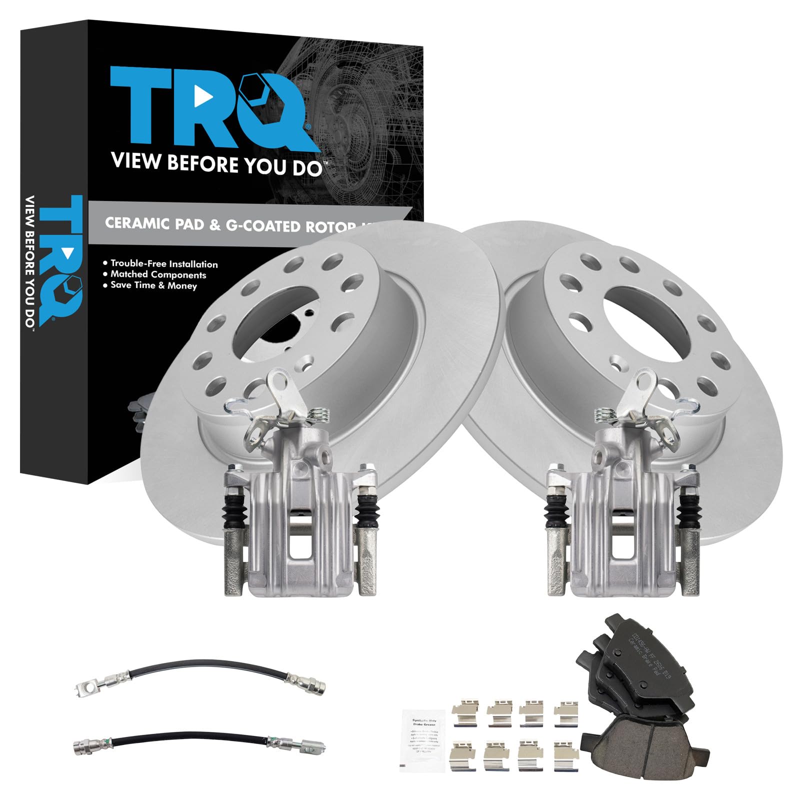 TRQ Rear Brake Pad and Rotor Set Ceramic Coated Rotors Calipers Compatible with 2010-2013 Audi A3 A3 Quattro 2012 Volkswagen Beetle 2011-2016 Eos 2010-2014 Golf 2012-2014 GTI Jetta 2012-2015 Passat