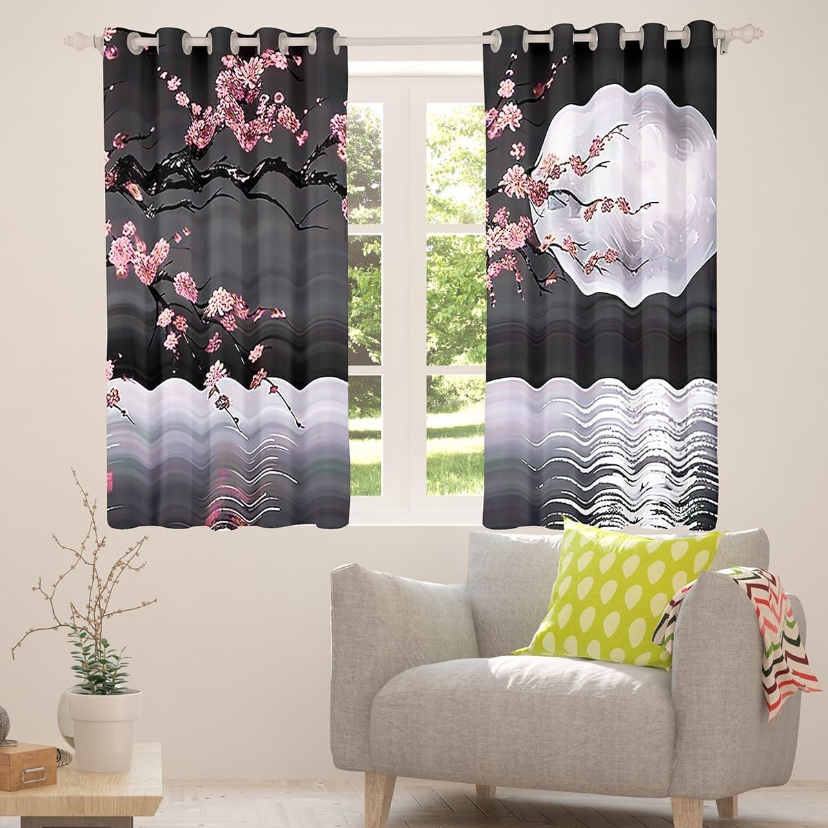 Manfei Lake Landscape Window Drapes Block 30%-50% Light,Pink Blossom Flower Kitchen Window Treatments 42Wx63L Inches,Moon Night Decor Window Curtains