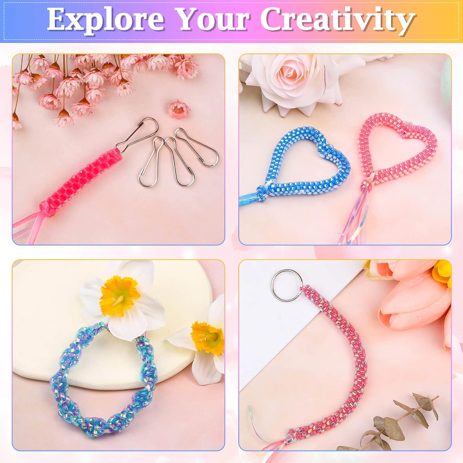 Lanyard String Kit, Cridoz 15 Rolls Gimp String Plastic Lacing Cord with 50pcs Snap Clip Hooks, Keyrings and Lobster Clasps for Boondoggle Crafts, Bracelets and Lanyard Weaving (Laser Colors)