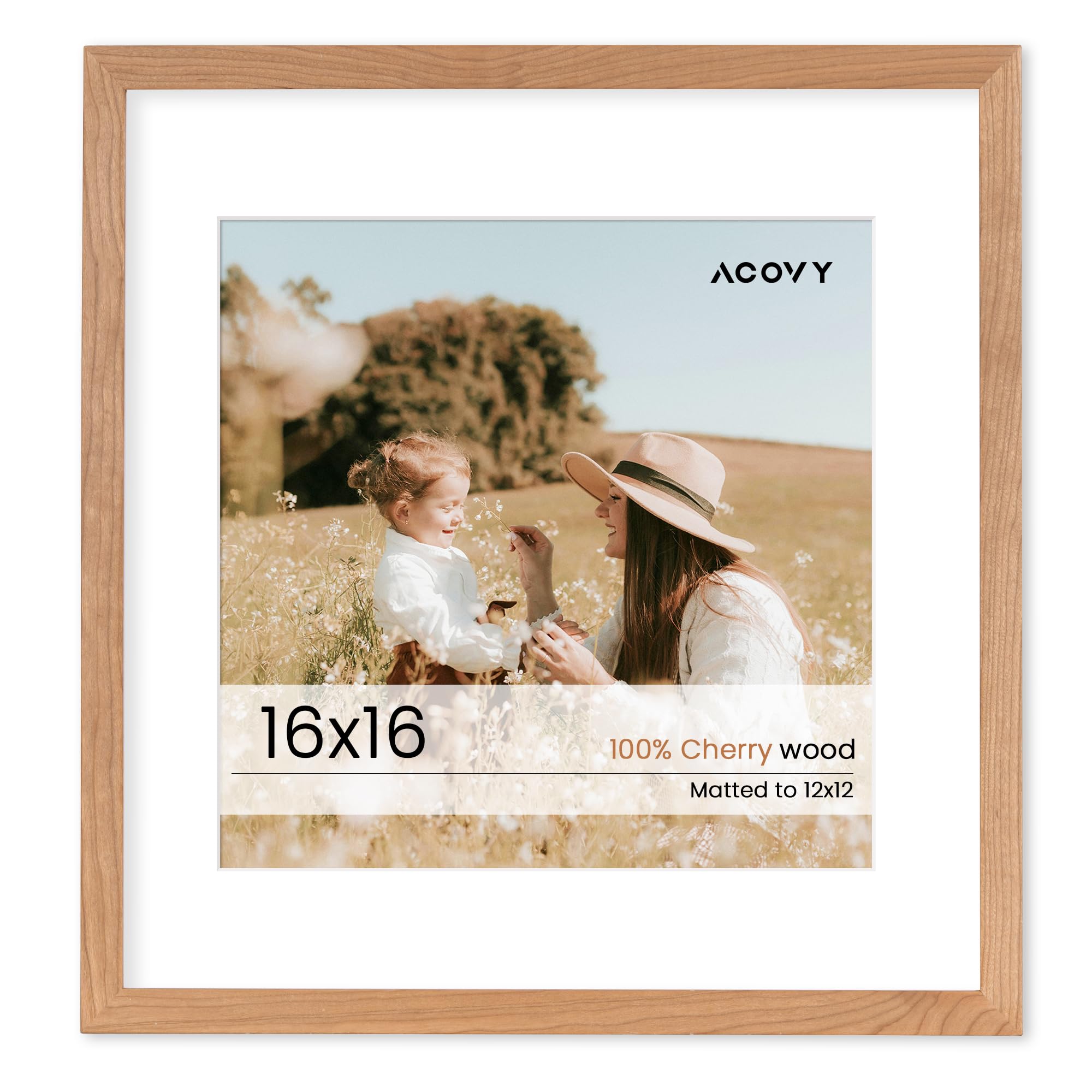 16x16インチの写真フレーム、無垢材のチェリーウッド16x16インチのフォトフレーム、16x16インチの正方形の写真フレーム、16x16インチのフレーム、マット12x12インチ、HD強化ガラス、16x16インチの木製フレーム(ナチュラルチェリーカラー、1パック)
