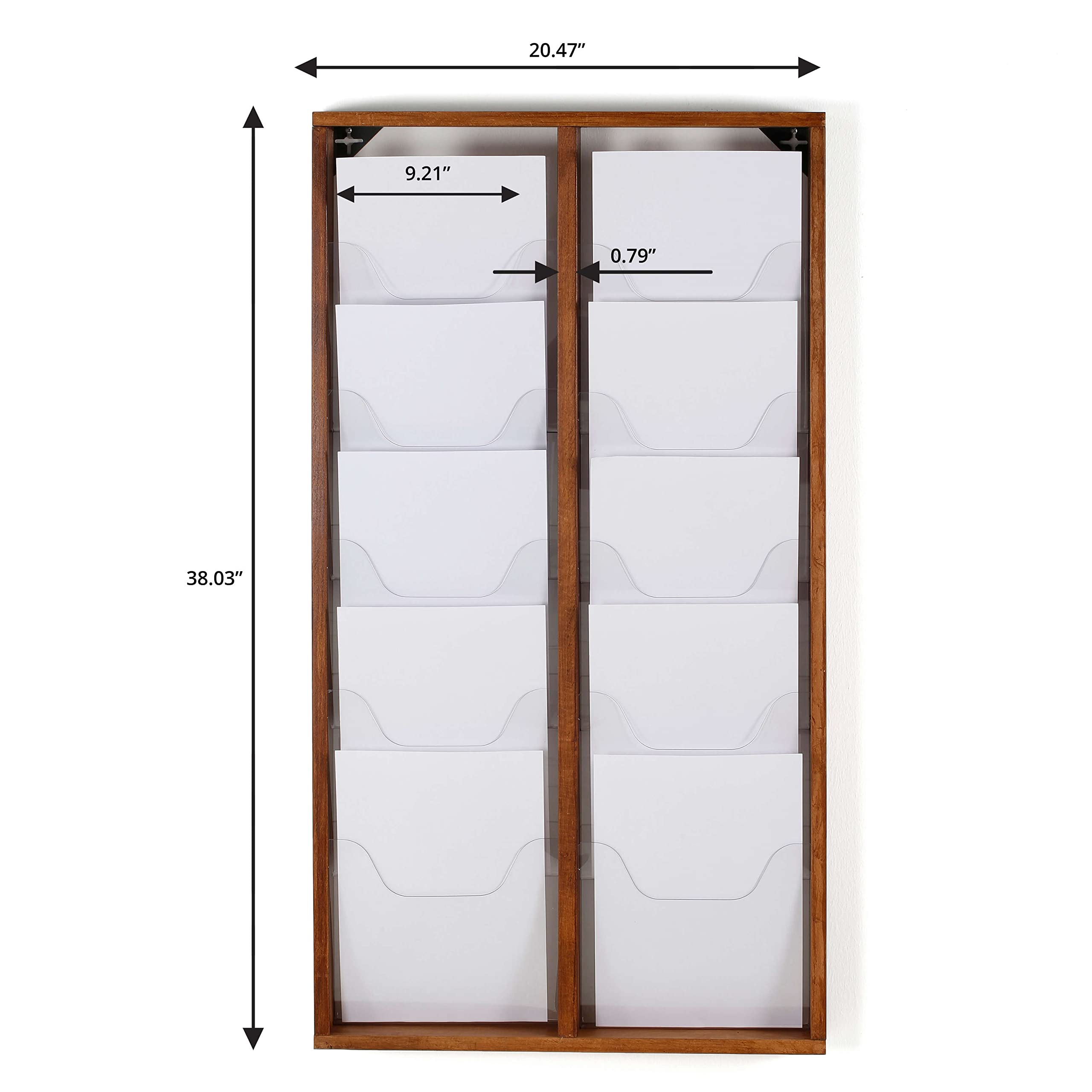M&T Displays Wal Mount Porte-revues en bois foncé pour brochures, brochures, catalogues, littératures, assemblage facile, durable, transparent, pochette en PET G, 25,4 x 27,9 cm pour école, bureau