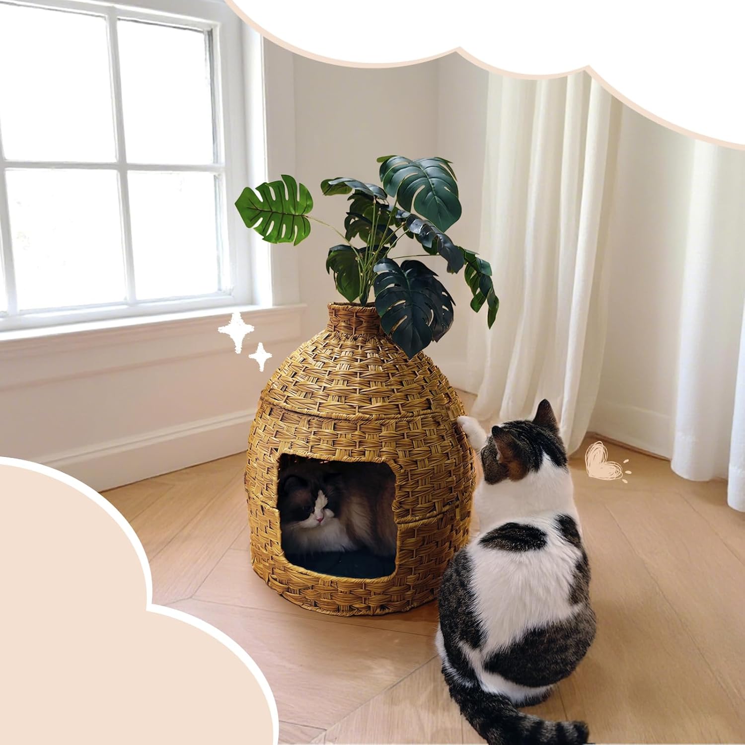 Cat Hidden Litter Box Enclosure Furniture with Cats Bed,Artificial Plants,Handwoven Rattan with Cat Litter Box and Real Stones,in Living Room, Bedroom, Corner（Natural）