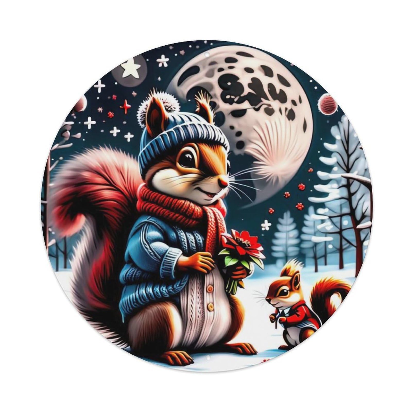 Wildlife Artwork Two Squirrels on The Snow Vintage Metal Tin Sign Plaque Wall Decor for Cafe, Club, Garden Round Metal Poster 8x8Inch