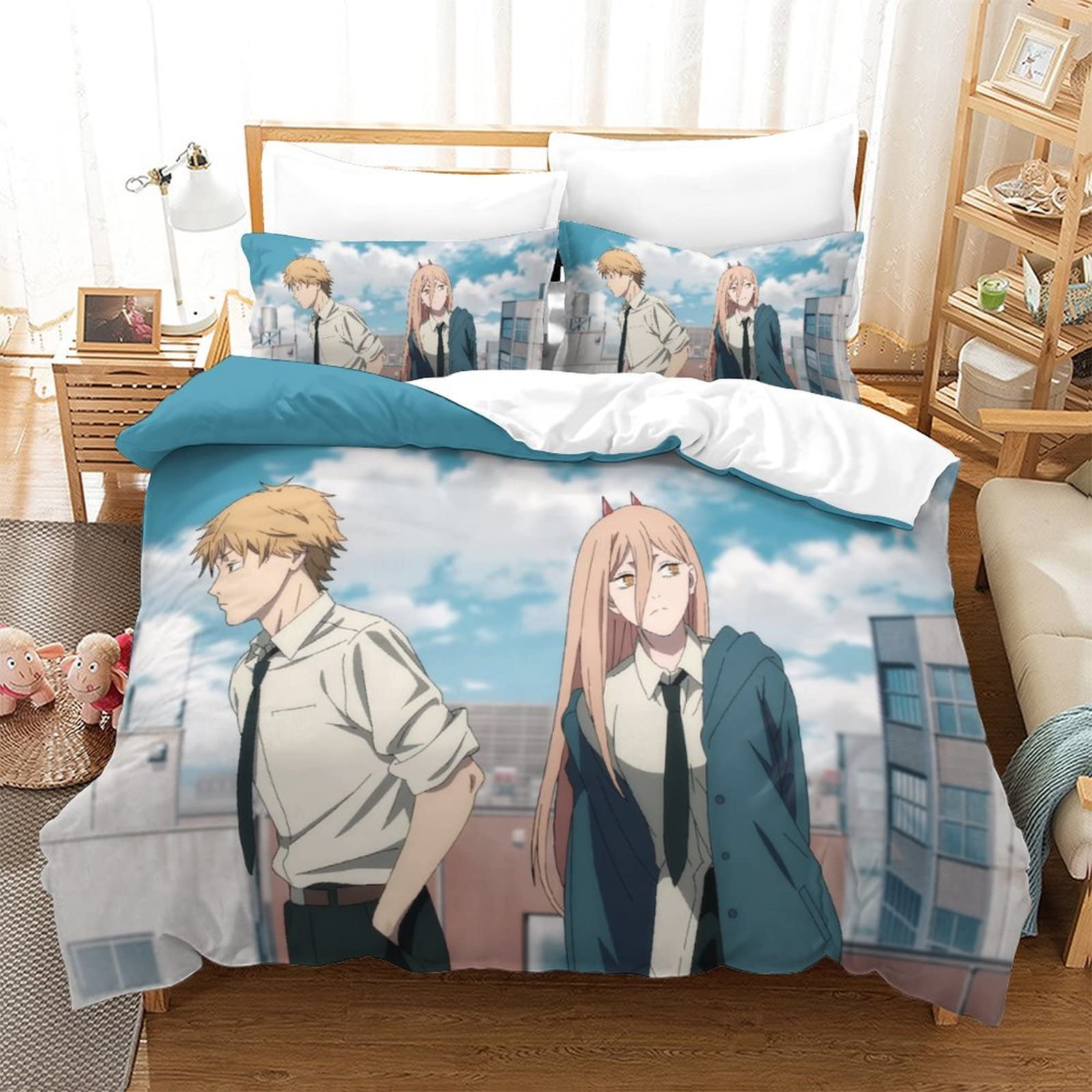 Parure De Lit Chainsaw Man 3D Microfibre - Housse Couette + Taies, 200x200 Cm, Imprimé Dynamique