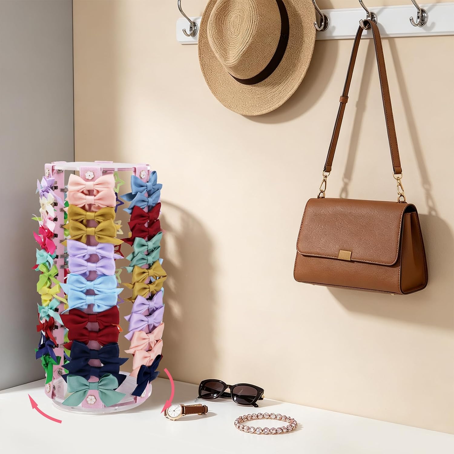 Rotating Bow Organizer for Girls - Spinning Large Capacity Hair Bow Holder with Cute Design, Effortless Hair Clip Organizer for Home Dresser, Essential Storage Solution for Girls