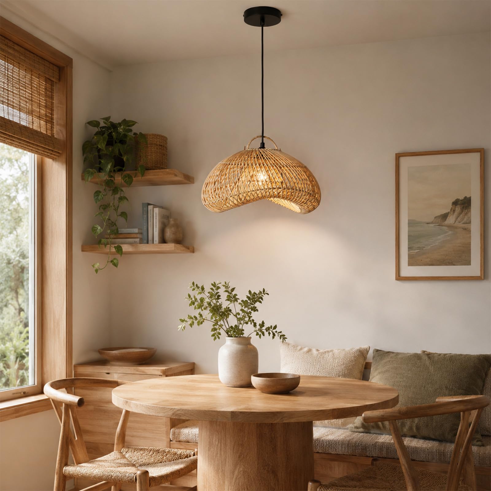 Alpinaluz Lámpara Colgante E27 Ratán Tejido Tipo Mimbre Natural 40 cm | Pantalla calada tejida a mano con florón metálico negro, estilo boho para comedor, salón, cocina y restaurante