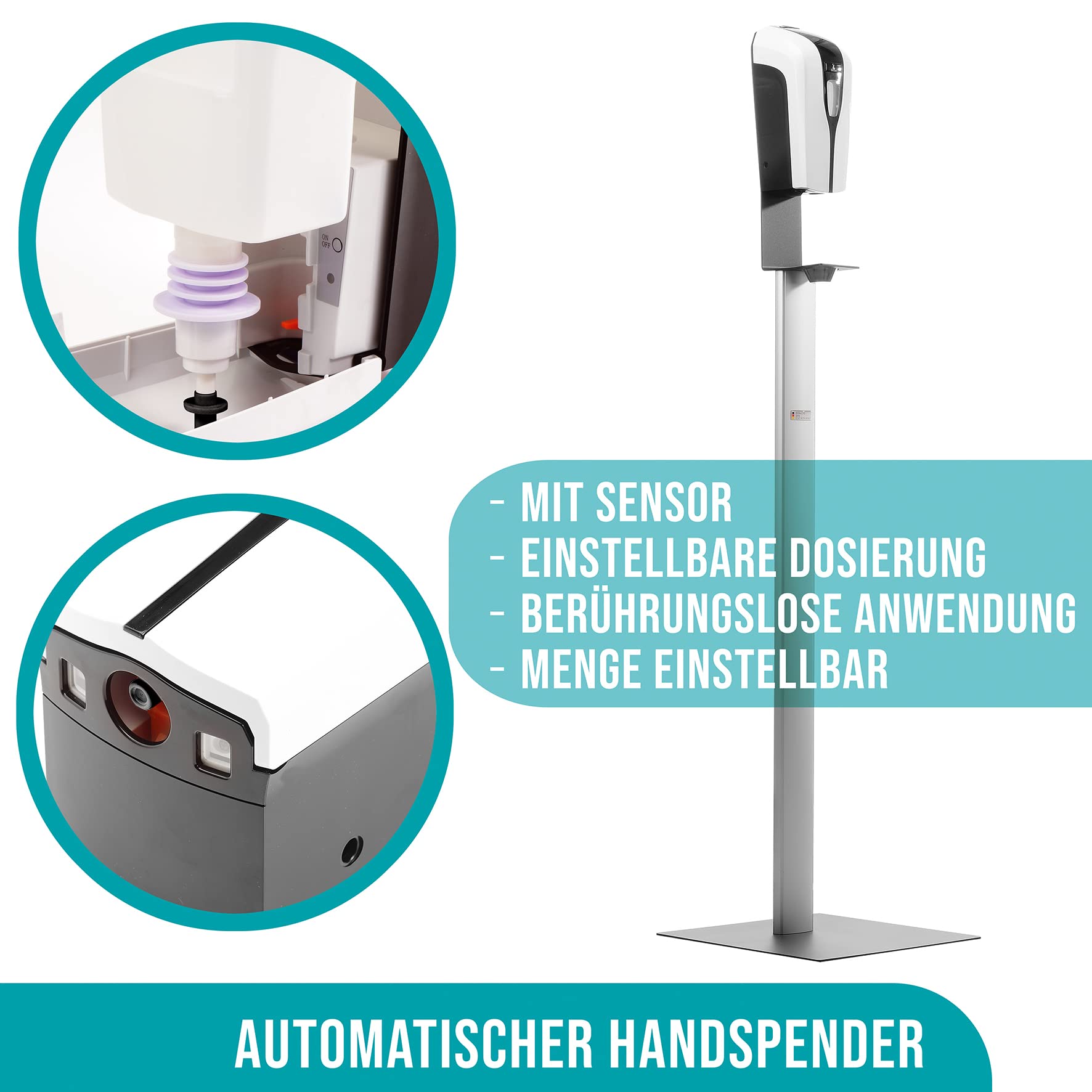 Handdesinfektionsmittelspender Station Sensor Edelstahl – Inkl. 6x 1L Desinfektionsmittel, Touchloser Infrarot-Spender, Freistehend Für Praxis, Hotel, Gastronomie Und Büro