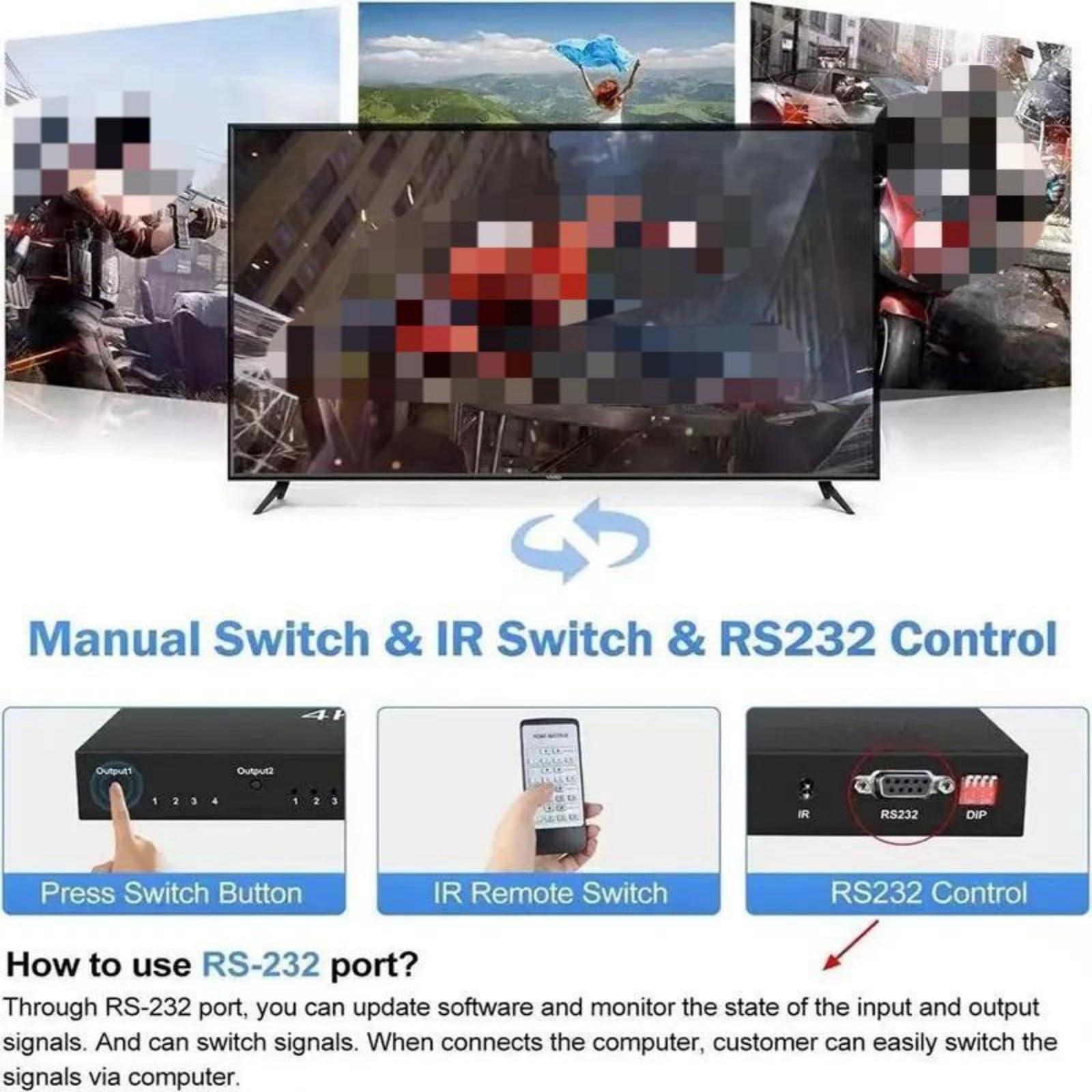 Selettore splitter switcher compatibile HDMI 4K 60Hz Matrix 4X4 2.0 Uso domestico | 4 in 4 out HDCP2.2 EDID RS232 for monitor TV PC